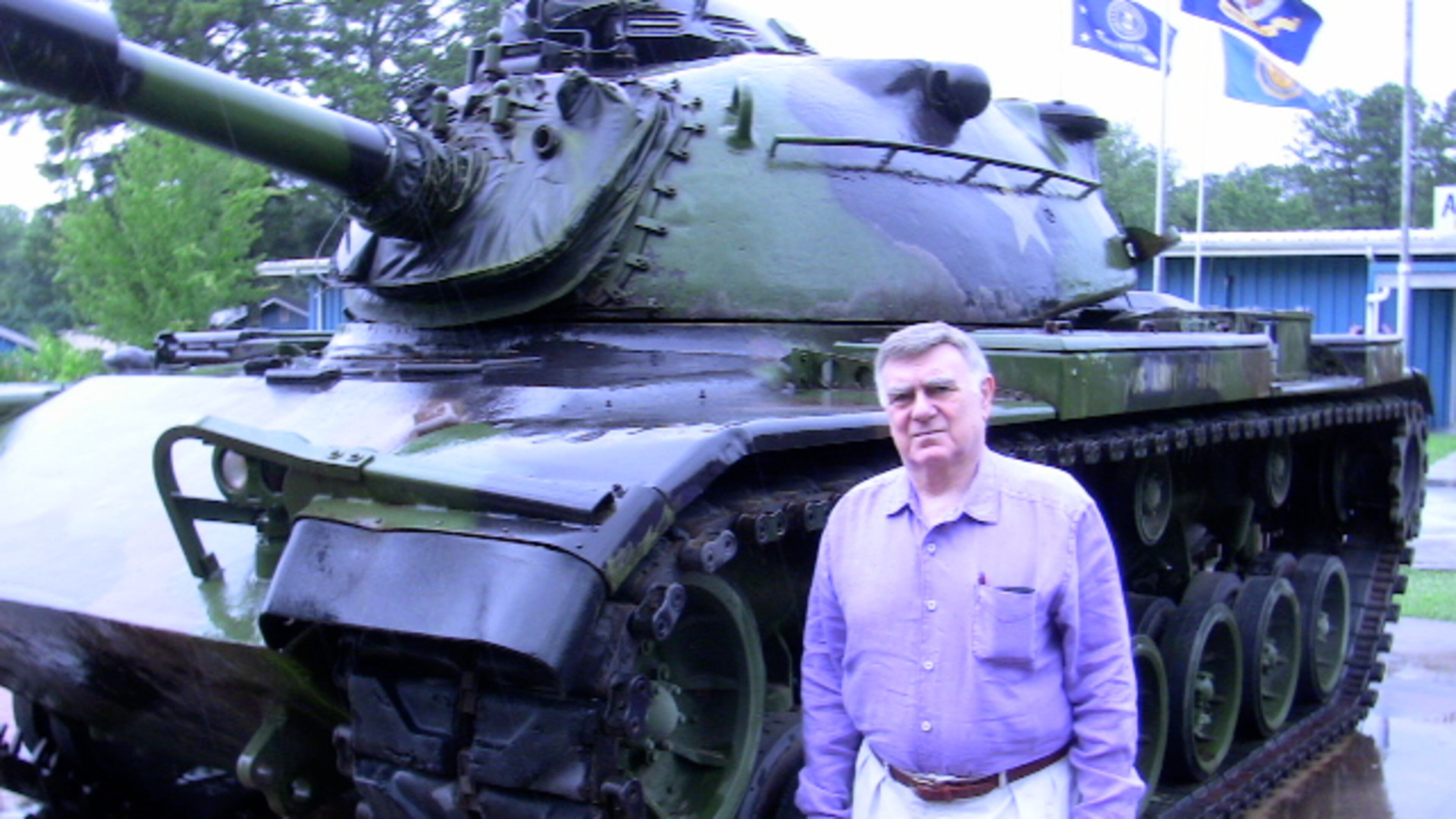 Lee Weinstein, newly installed commander of the Atlanta World War II Roundtable, visits the memorial park of American Legion post 201 in Alpharetta. The tank weighs 93,000 pounds.
