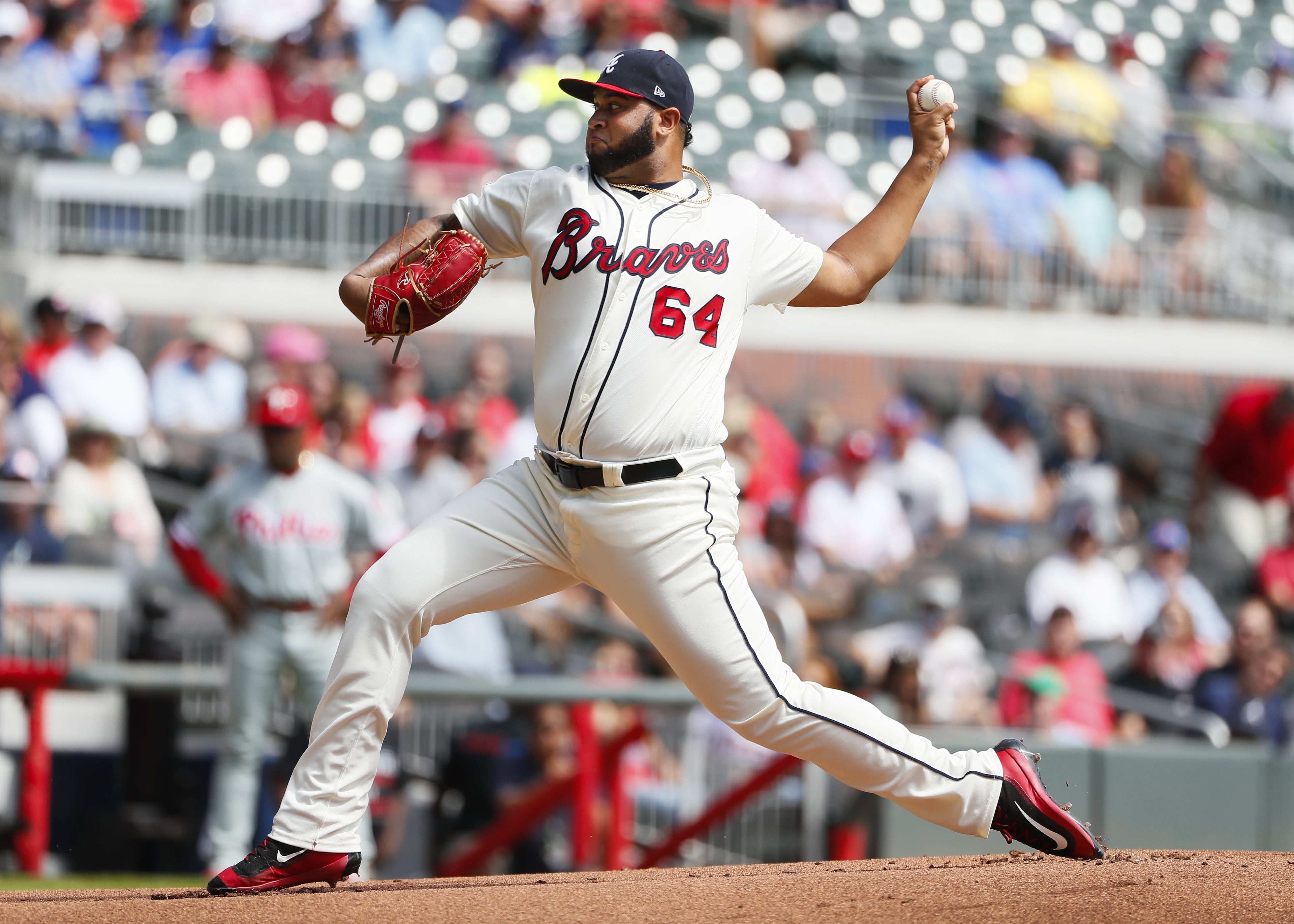 ATLANTA, GA - SEPTEMBER 24: Luiz Gohara #64 of the Atlanta Braves delivers in the first inning of an MLB game against the Philadelphia Phillies at SunTrust Park on September 24, 2017 in Atlanta, Georgia. (Photo by Todd Kirkland/Getty Images)