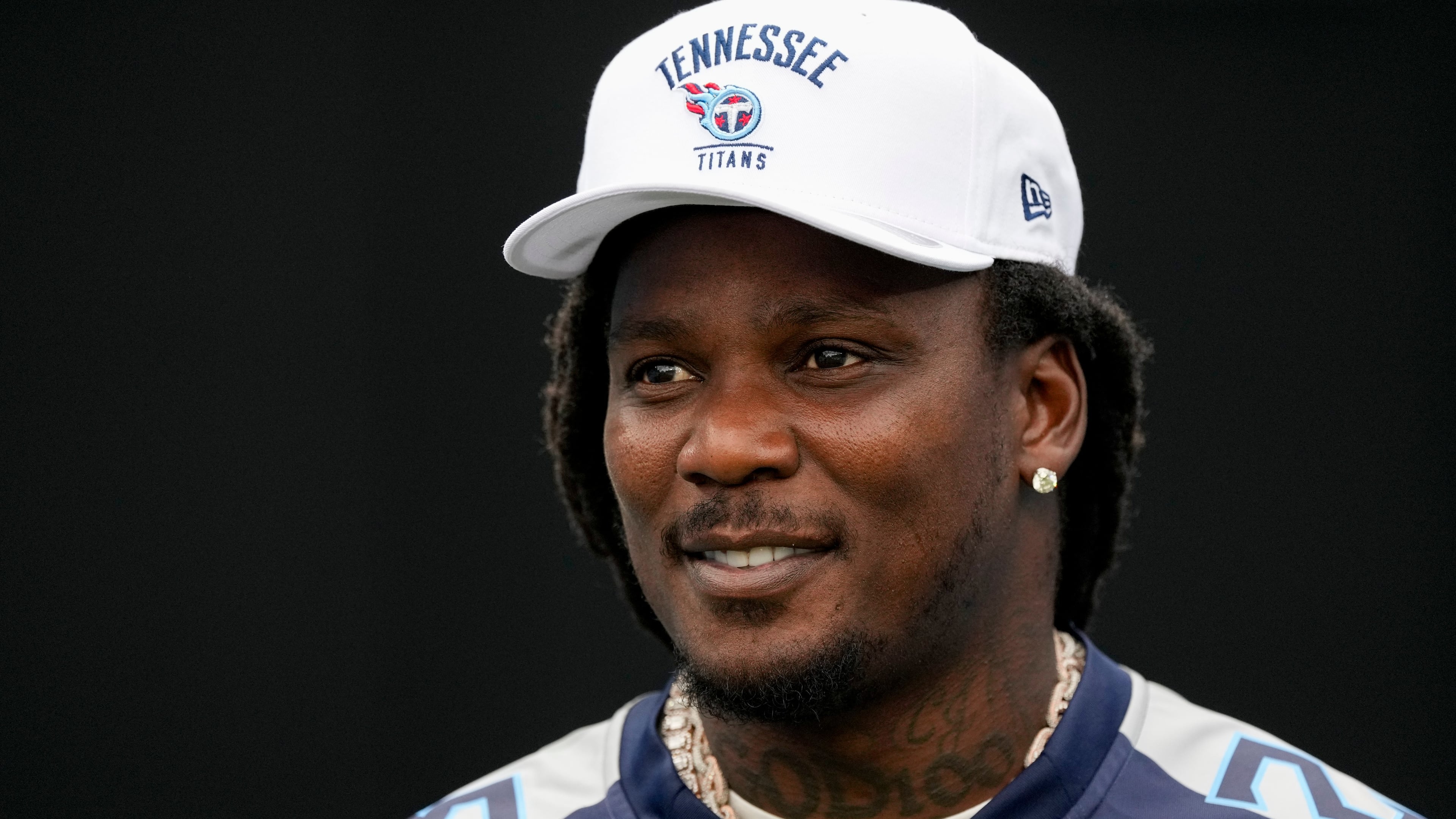 FILE - Former Tennessee Titans running back Chris Johnson visits the field during the second half of an NFL football game against the New York Jets, Sept. 15, 2024, in Nashville, Tenn. (AP Photo/George Walker IV, file)