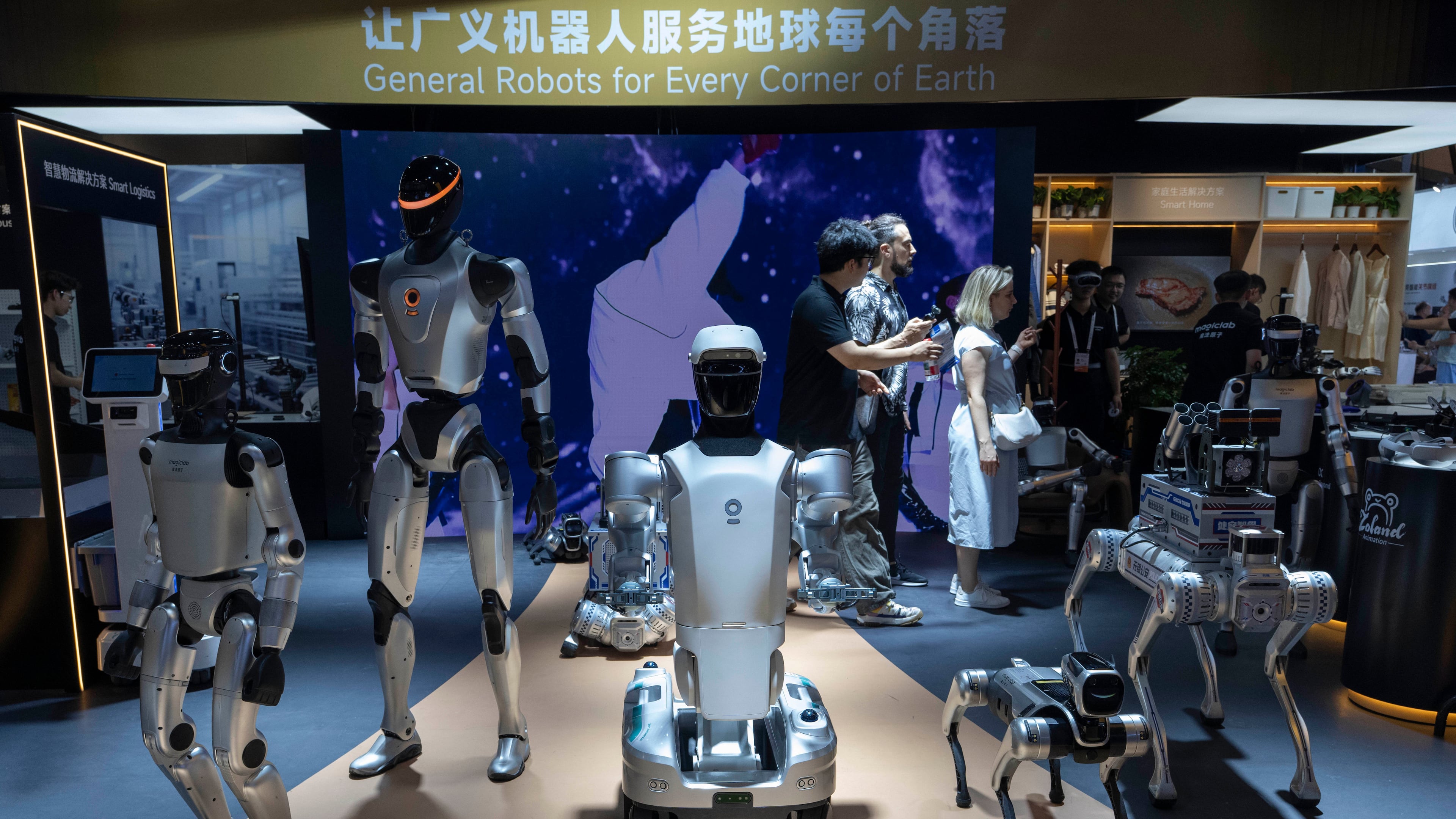 A variety of robots are displayed at the World AI Conference in Shanghai, Friday, July 17, 2026. (AP Photo/Ng Han Guan)