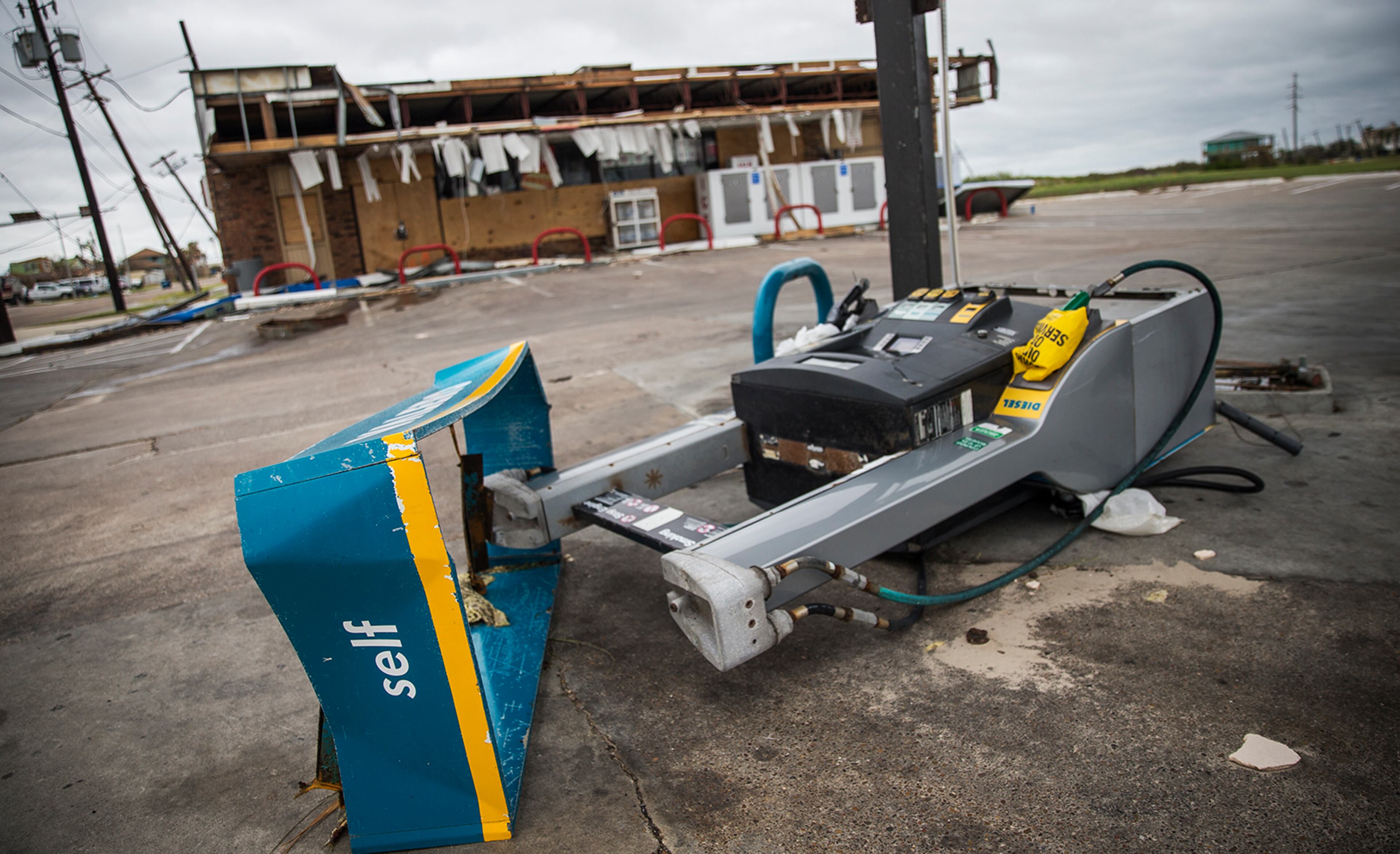 A gas pump sits demolished by Hurricane Harvey in Port Aransas, Texas, on Sunday, Aug. 27, 2017. Officials continue to keep the city on lockdown, preventing residents from entering the city (Nick Wagner/Austin American-Statesman via AP)