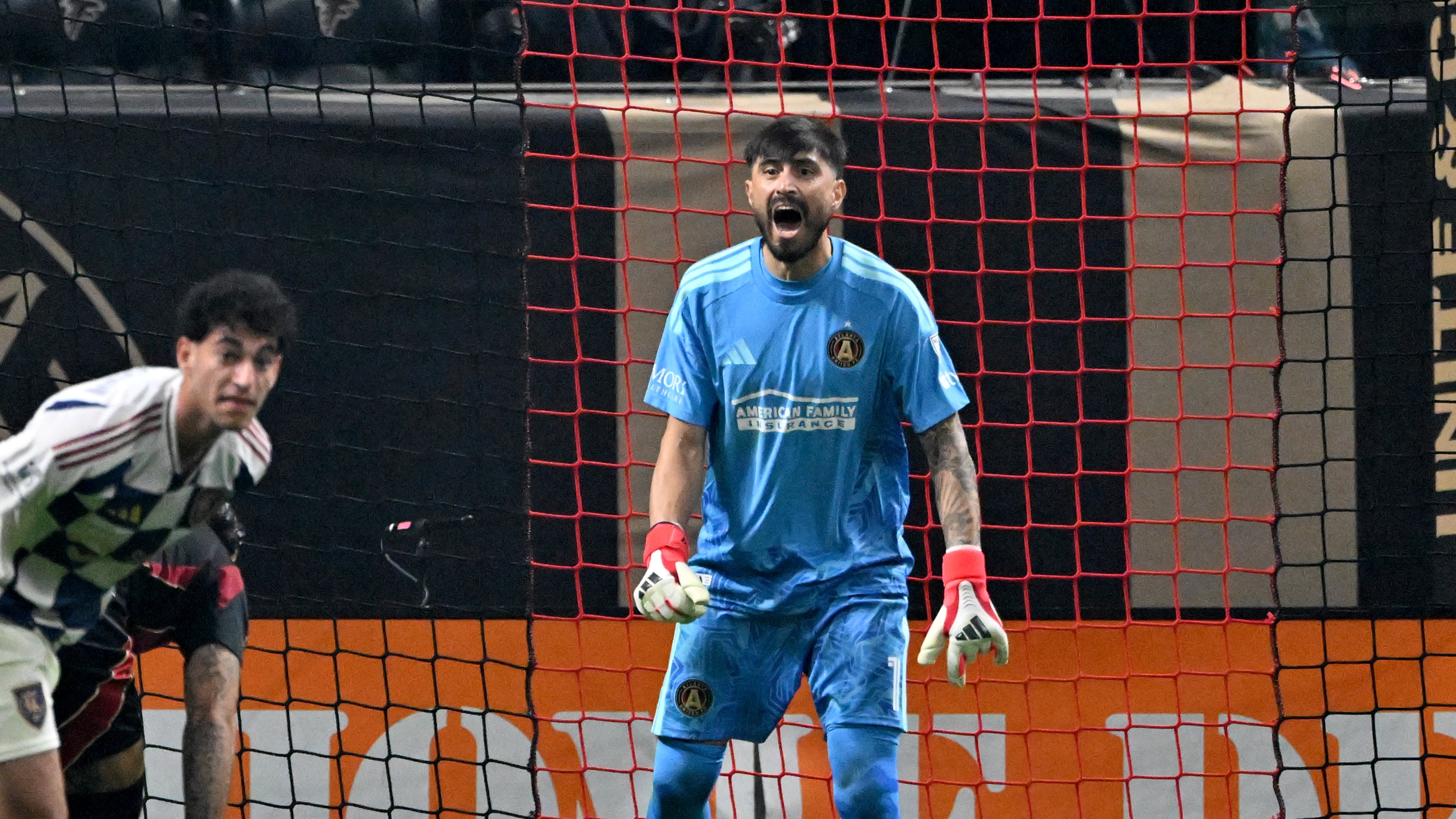 Atlanta United goalkeeper Lucas Hoyos (1) shouts instructions during the first half in Atlanta United's home opener at Mercedes-Benz Stadium, Saturday, March 7, 2026, in Atlanta. Real Salt Lake won 3-2 over Atlanta United. (Hyosub Shin/AJC)