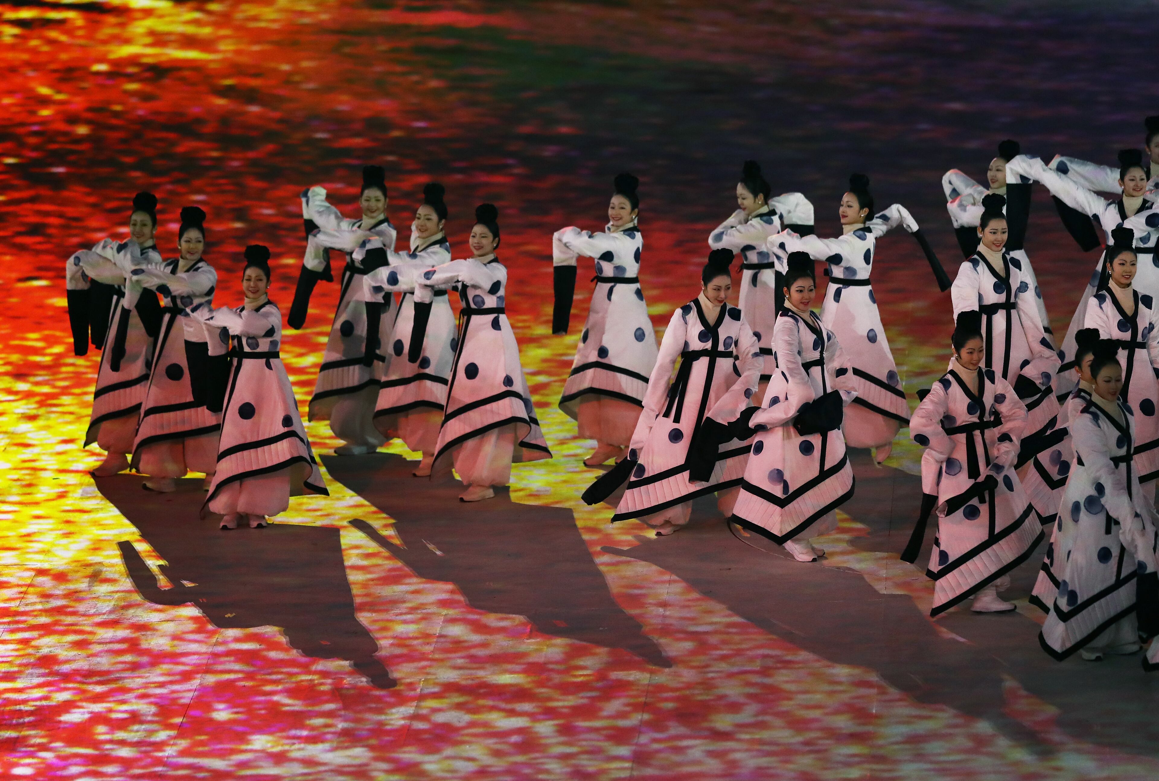 PYEONGCHANG-GUN, SOUTH KOREA - FEBRUARY 09: Dancers perform "The Land of Peace" segment during the Opening Ceremony of the PyeongChang 2018 Winter Olympic Games at PyeongChang Olympic Stadium on February 9, 2018 in Pyeongchang-gun, South Korea. (Photo by Ronald Martinez/Getty Images)