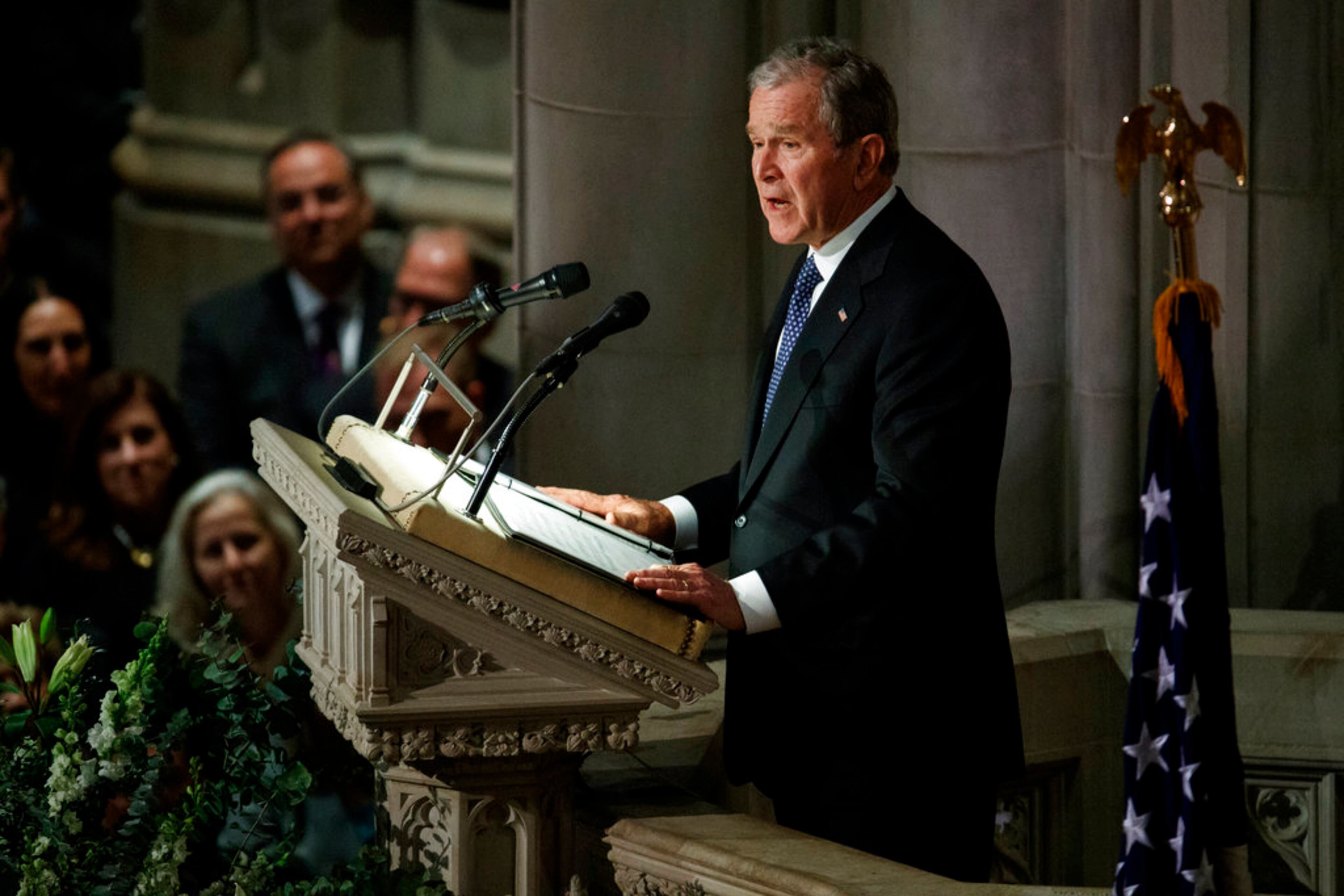 Former President George W. Bush speaks during the State Funeral for his father, former President George H.W. Bush, at the National Cathedral, Wednesday, Dec. 5, 2018, in Washington. (AP Photo/Evan Vucci)