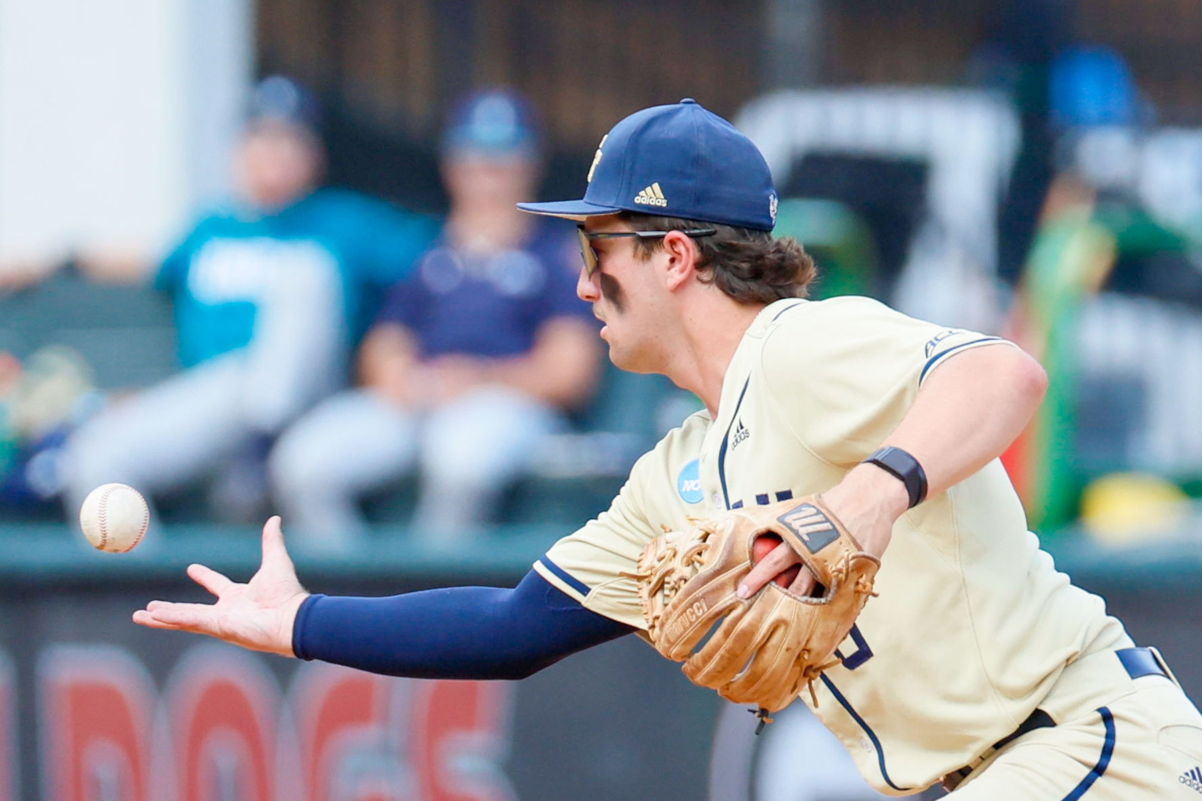 Georgia Tech third baseman Carson Kerce tosses the ball during the ninth inning against UNC Wilmington in the NCAA Tournament Regional at Foley Field on Sunday, June 2, 2024, in Athens. Georgia Tech advanced in the NCAA Tournament Regional.
(Miguel Martinez / AJC)