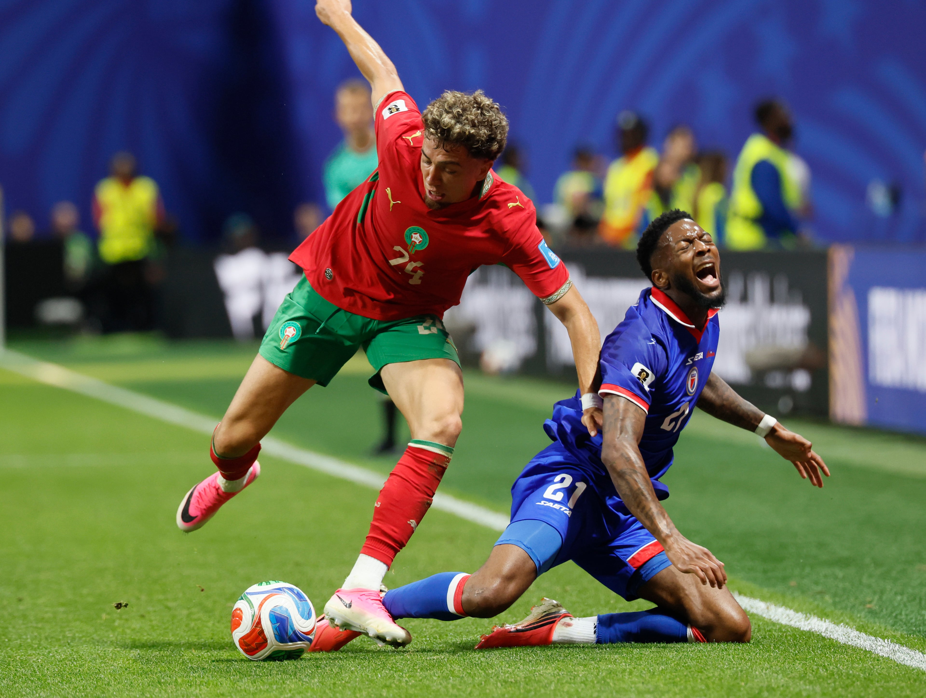 Morocco's Neil El Aynaoui, left, battles Haiti's Josue Casimir during second half of Morocco vs. Haiti Group C FIFA World Cup match at Atlanta Stadium (Mercedes-Benz Stadium) on Wednesday, June 24, 2026. (Miguel Martinez/AJC)