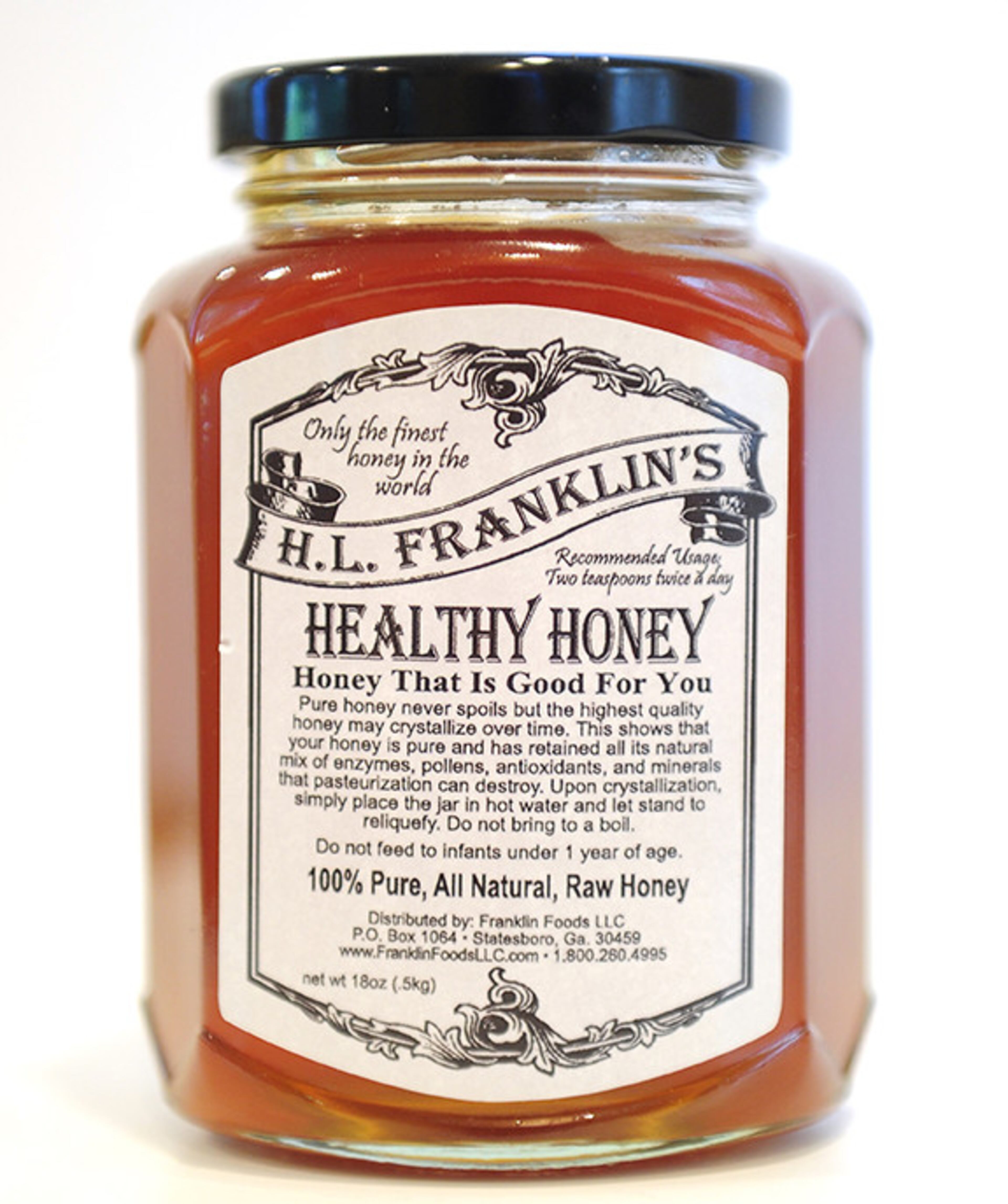 A 2017 Flavor of Georgia finalist, H.L. Franklin's Healthy Honey-Wildflower is a dark amber honey with floral overtones. Available online at www.franklinfoodsllc.com.Photo from franklinfoodsllc.com/