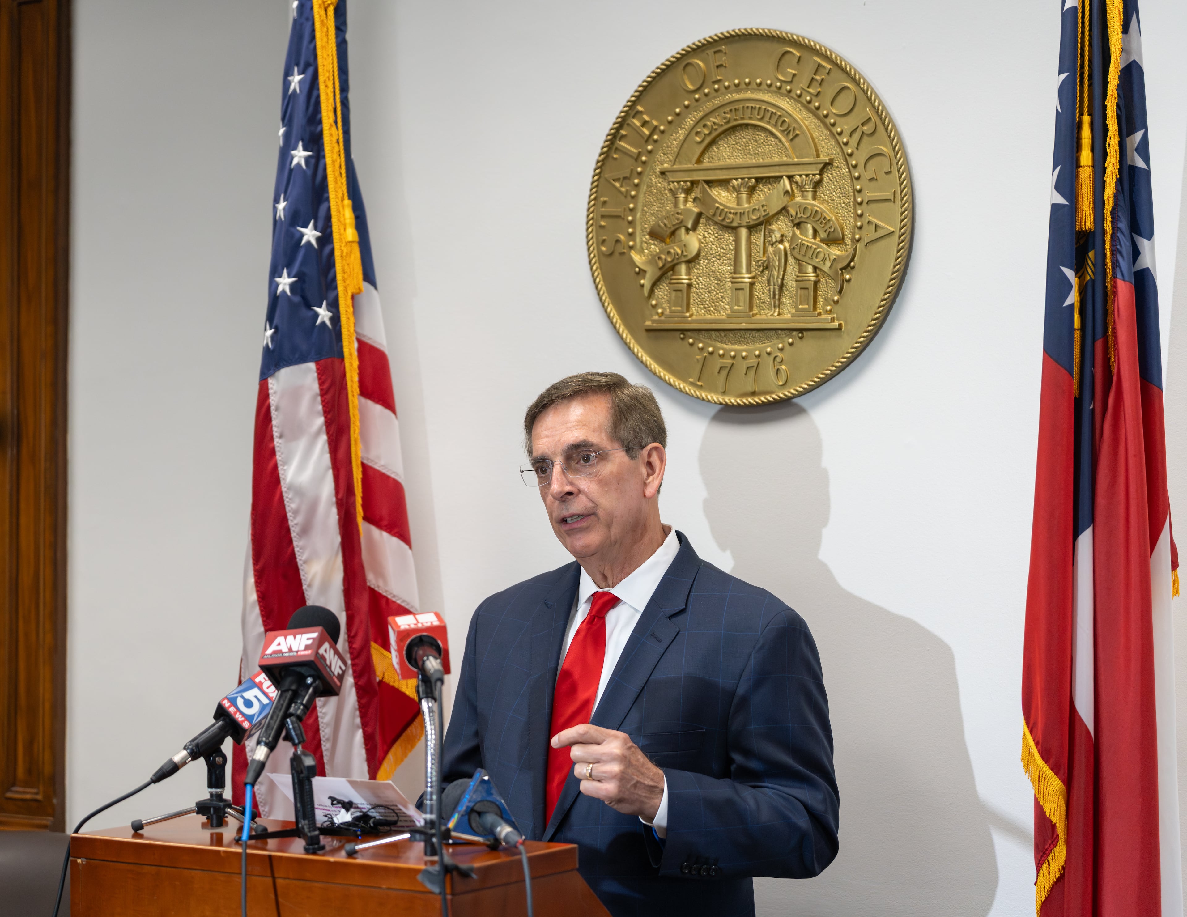 Georgia Secretary of State Brad Raffensperger takes questions from the media during an election day press conference. Tuesday, May 19, 2026. (Ben Hendren for the AJC)