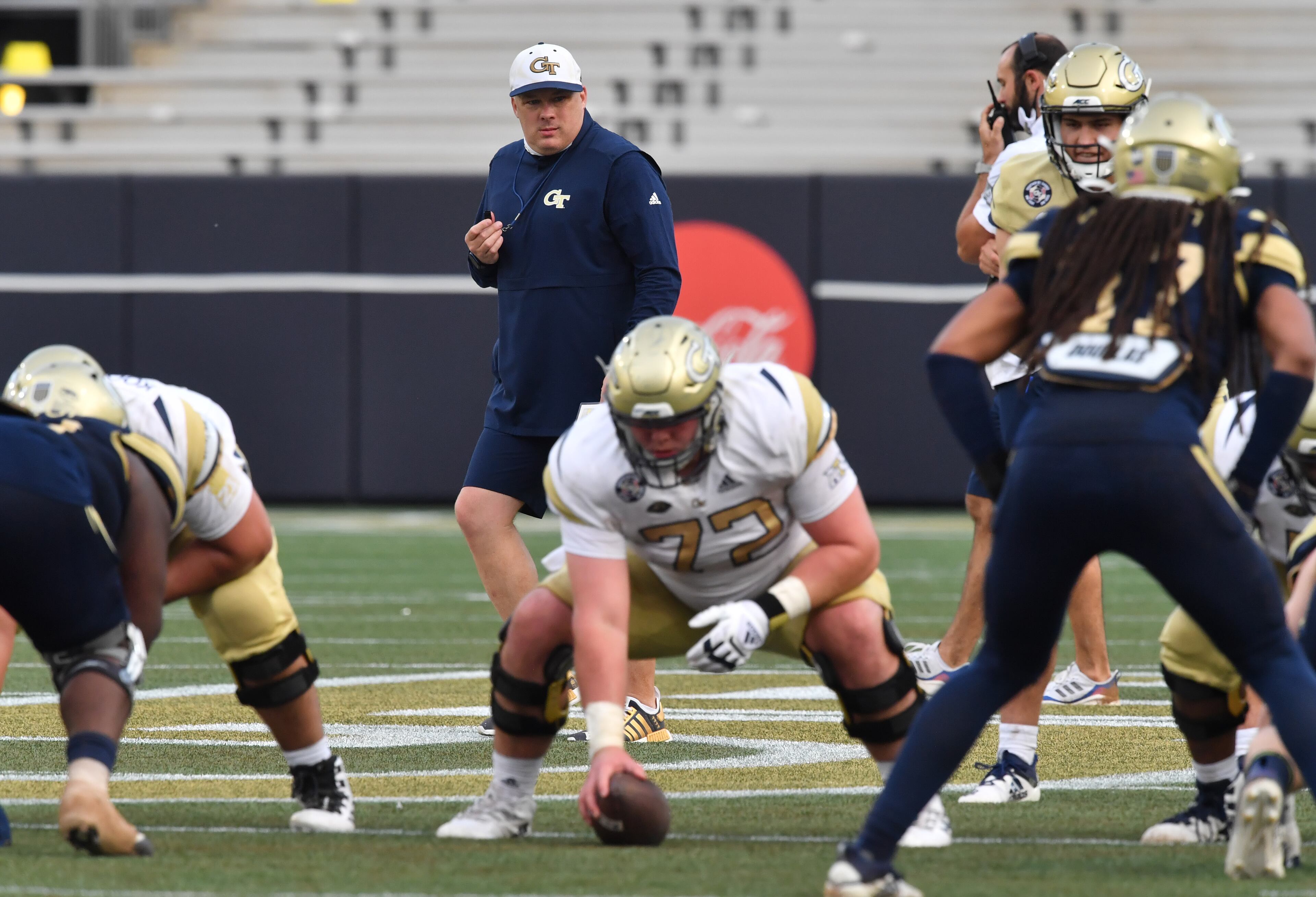 April 23, 2021 Atlanta - Georgia Tech head coach Geoff Collins watches on the field during the 2021 Spring Game at Georgia Tech's Bobby Dodd Stadium in Atlanta on Friday, April 23, 2021. (Hyosub Shin / Hyosub.Shin@ajc.com)