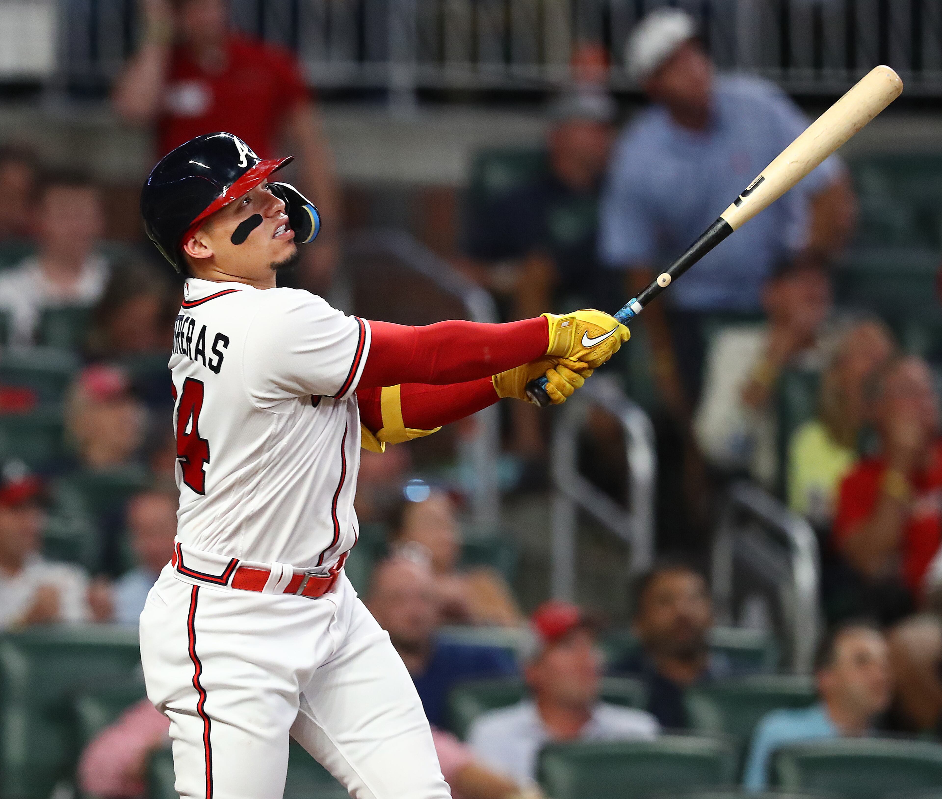 Braves designated hitter William Contreras hits a sacrifice fly that scored a run against the Nationals on Monday night at Truist Park. (Curtis Compton / Curtis Compton@ajc.com)