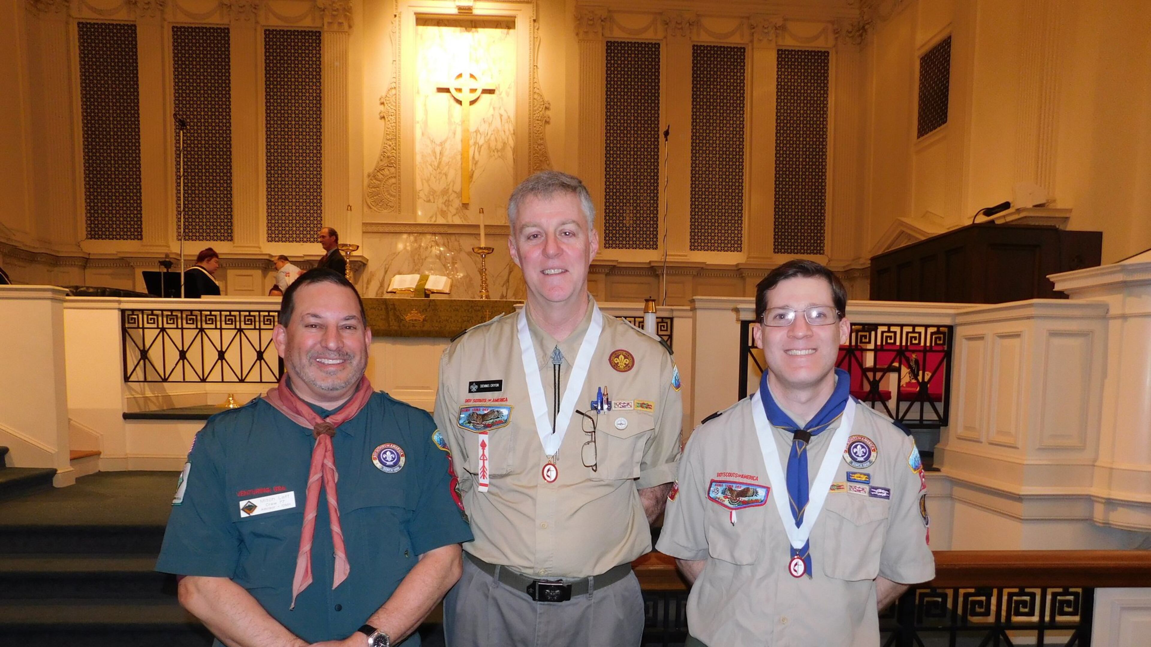 The Scouting program at Oak Grove United Methodist Church in Decatur presented three awards in February (left to right) Mitch Leff, the Advisor for Venture Crew 77 and an Assistant Scoutmaster for Troop 77, received the Outstanding Service Award. Dennis Cryor, an Assistant Scoutmaster for Troop 77, received the Cross & Flame award. Ben Bryant, Cubmaster for Pack 577, also received the Cross & Flame award.