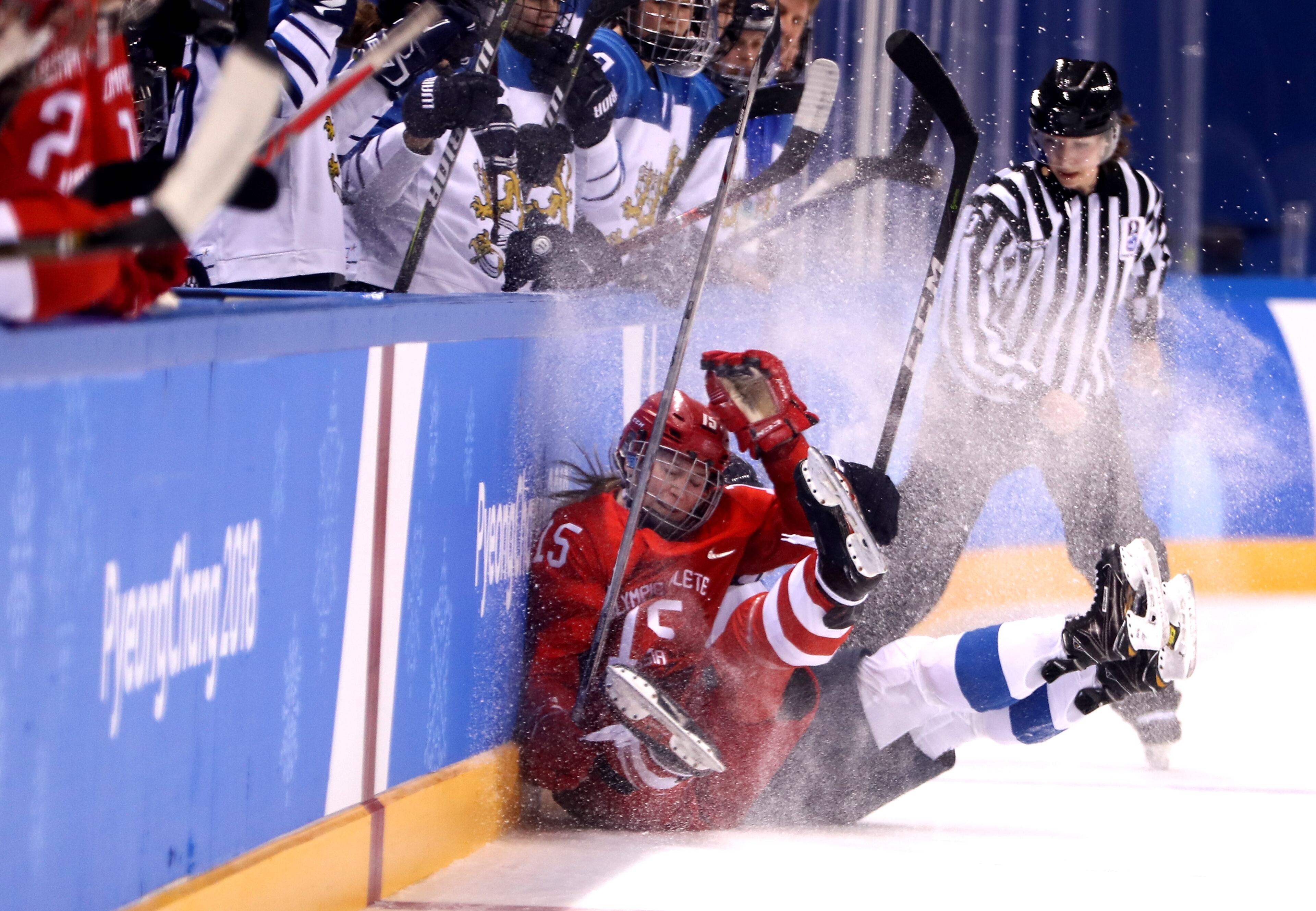 GANGNEUNG, SOUTH KOREA - FEBRUARY 21: Valeria Pavlova #15 of Olympic Athlete from Russia and Minnamari Tuominen #15 of Finland collide in the first period during the Women's Ice Hockey Bronze Medal game on day twelve of the PyeongChang 2018 Winter Olympic Games at Kwandong Hockey Centre on February 21, 2018 in Gangneung, South Korea. (Photo by Jamie Squire/Getty Images)