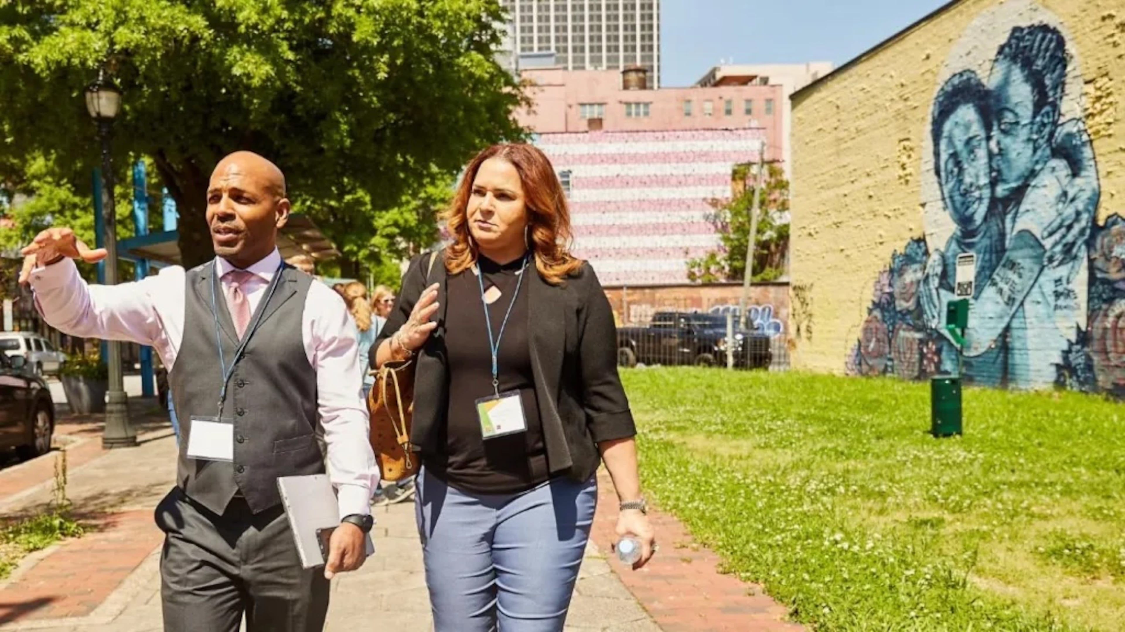 Two participants from a national training program by Momentus Capital are seen walking through Atlanta in 2023. (Courtesy of Momentus Capital)