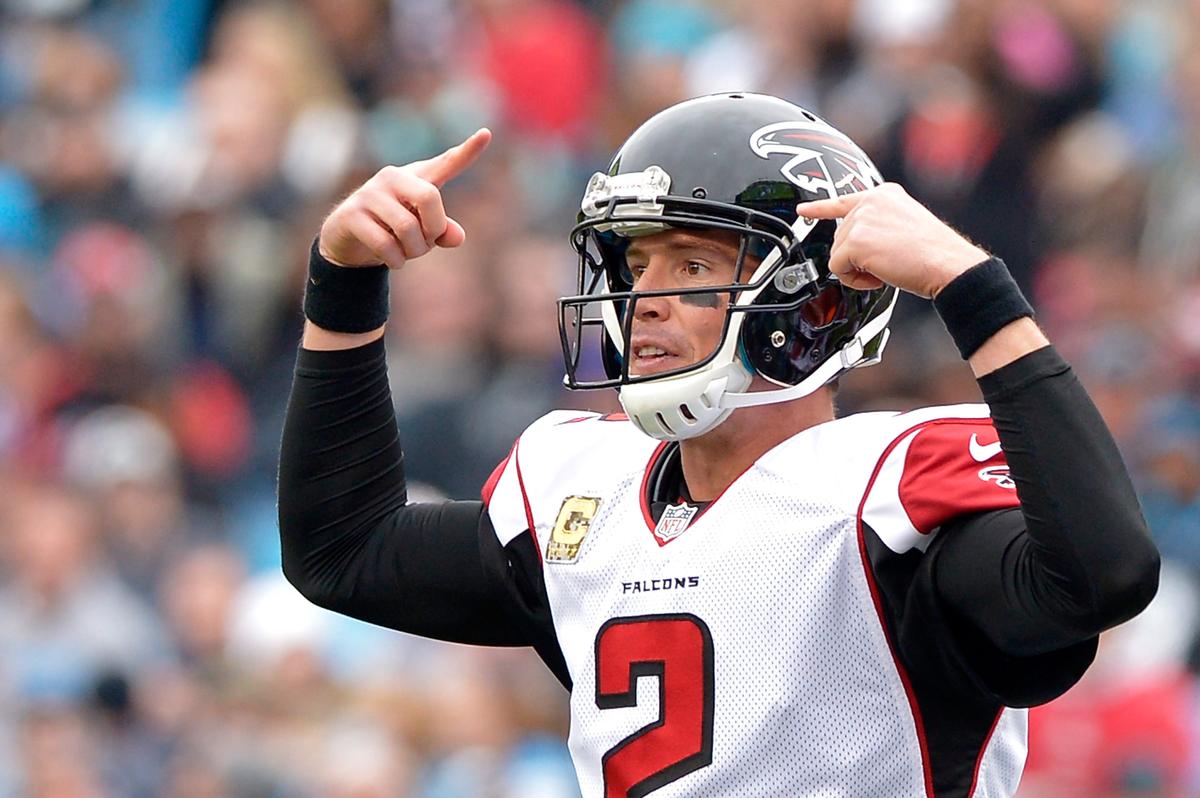 CHARLOTTE, NC - NOVEMBER 16: Matt Ryan #2 of the Atlanta Falcons calls an audible against the Carolina Panthers in the 2nd quarter during their game at Bank of America Stadium on November 16, 2014 in Charlotte, North Carolina. (Photo by Grant Halverson/Getty Images)