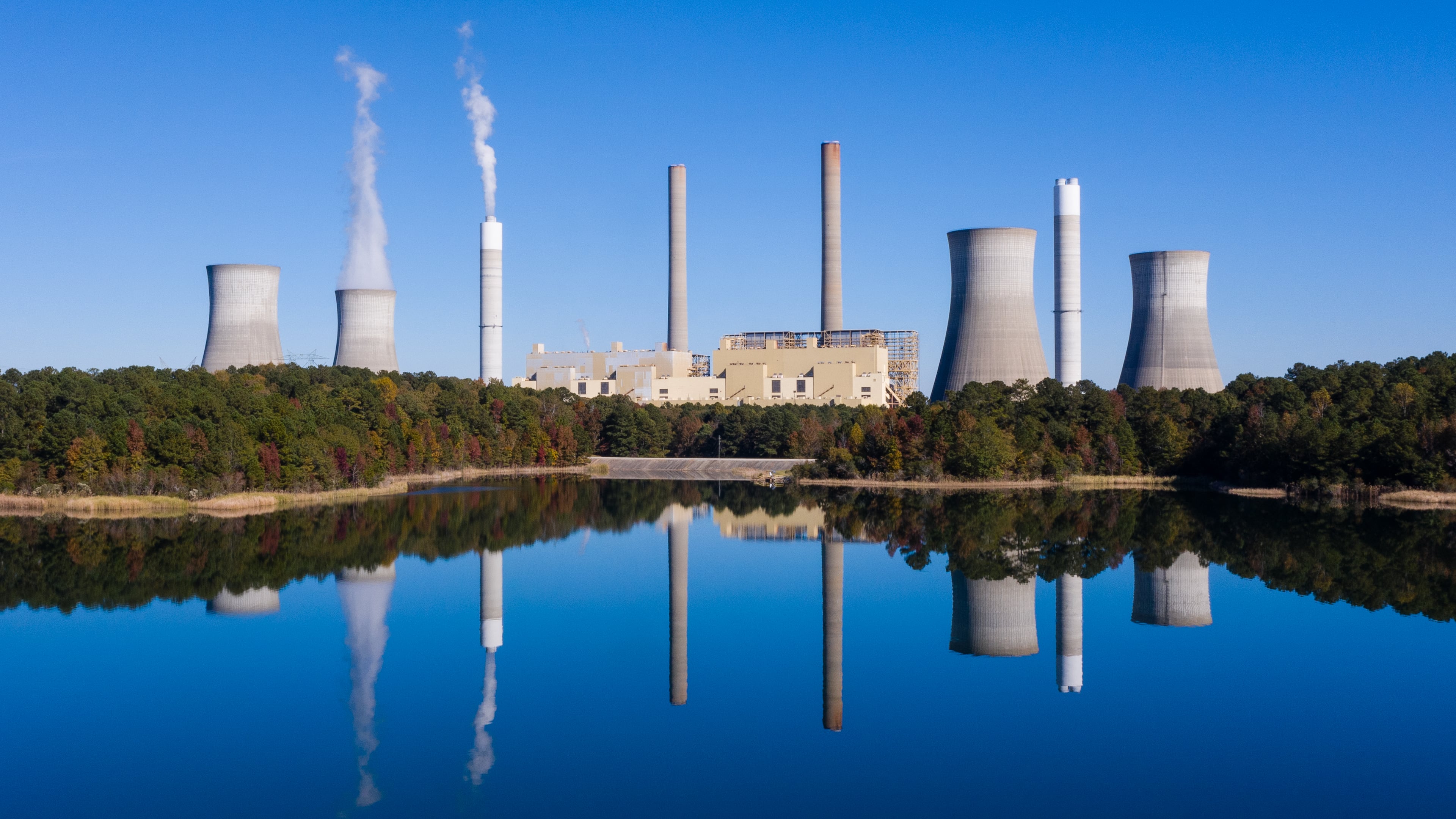 Plant Scherer, a Georgia Power plant, is seen from the air using a drone on Tuesday, Nov. 9, 2021, near Juliette. (Elijah Nouvelage for the AJC)