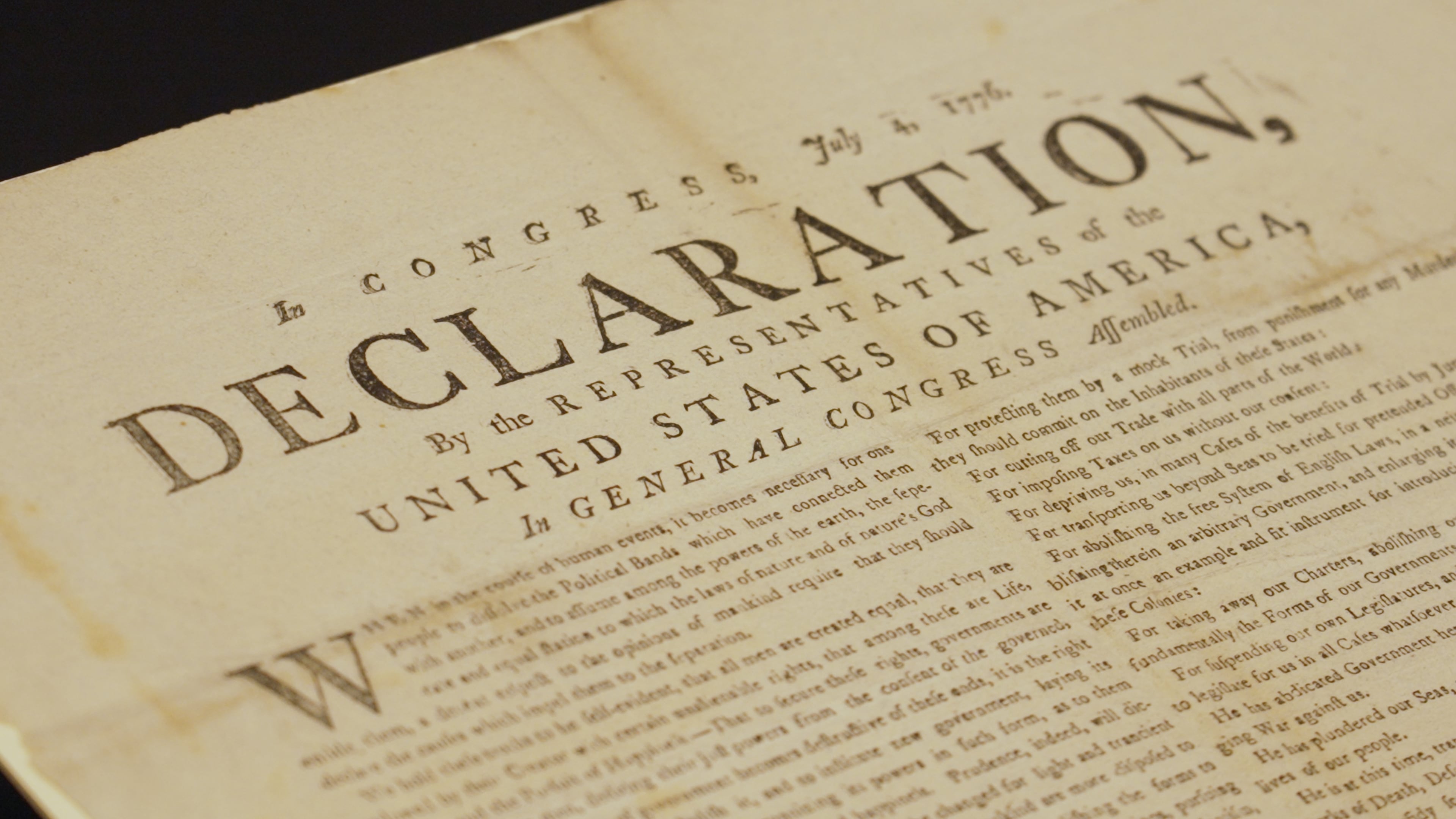 This image made from video shows a newly discovered copy of the U.S. Declaration of Independence, printed in July 1776 in Exeter, is displayed at The National Archives in London, Thursday, July 2, 2026. (AP Photo/Kwiyeon Ha)