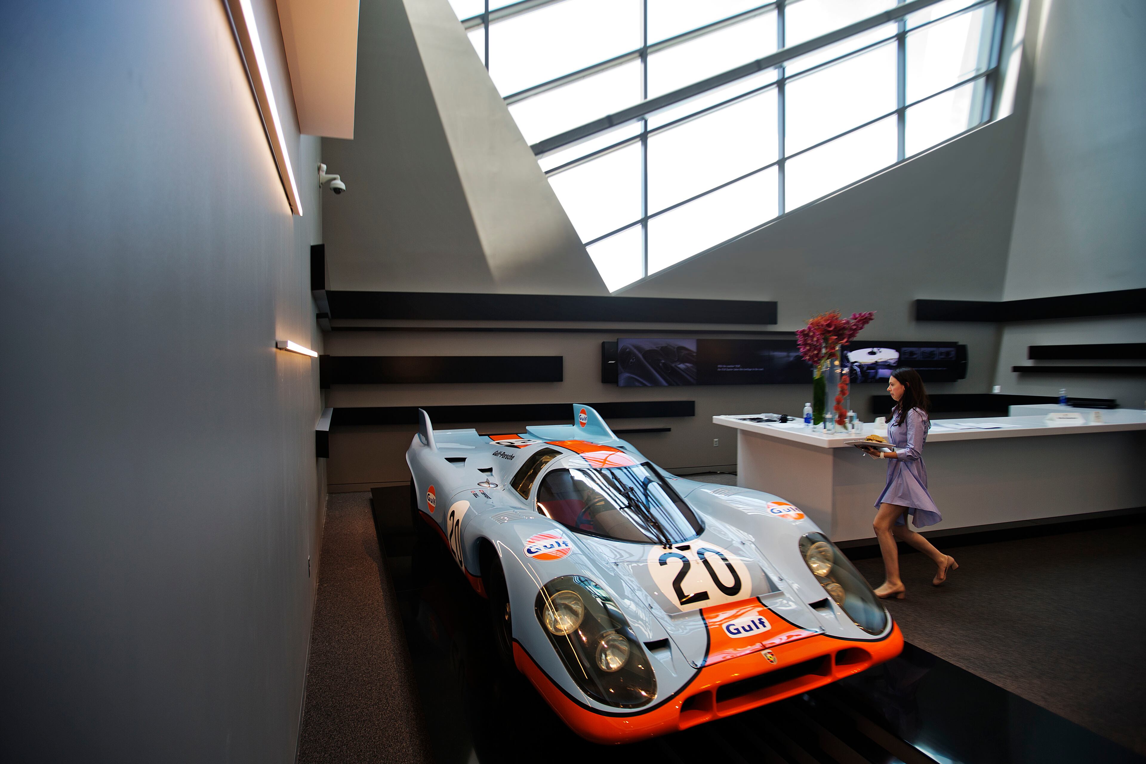 A Porsche 917 sits on display during the opening of the company's new North American headquarters, dubbed the Porsche Experience Center, Thursday, May 7, 2015, in Atlanta. The facility features a human performance fitness center, classic car gallery and restoration center in addition to a driving simulator lab and fine-dining restaurant overlooking a driver development track. (AP Photo/David Goldman)