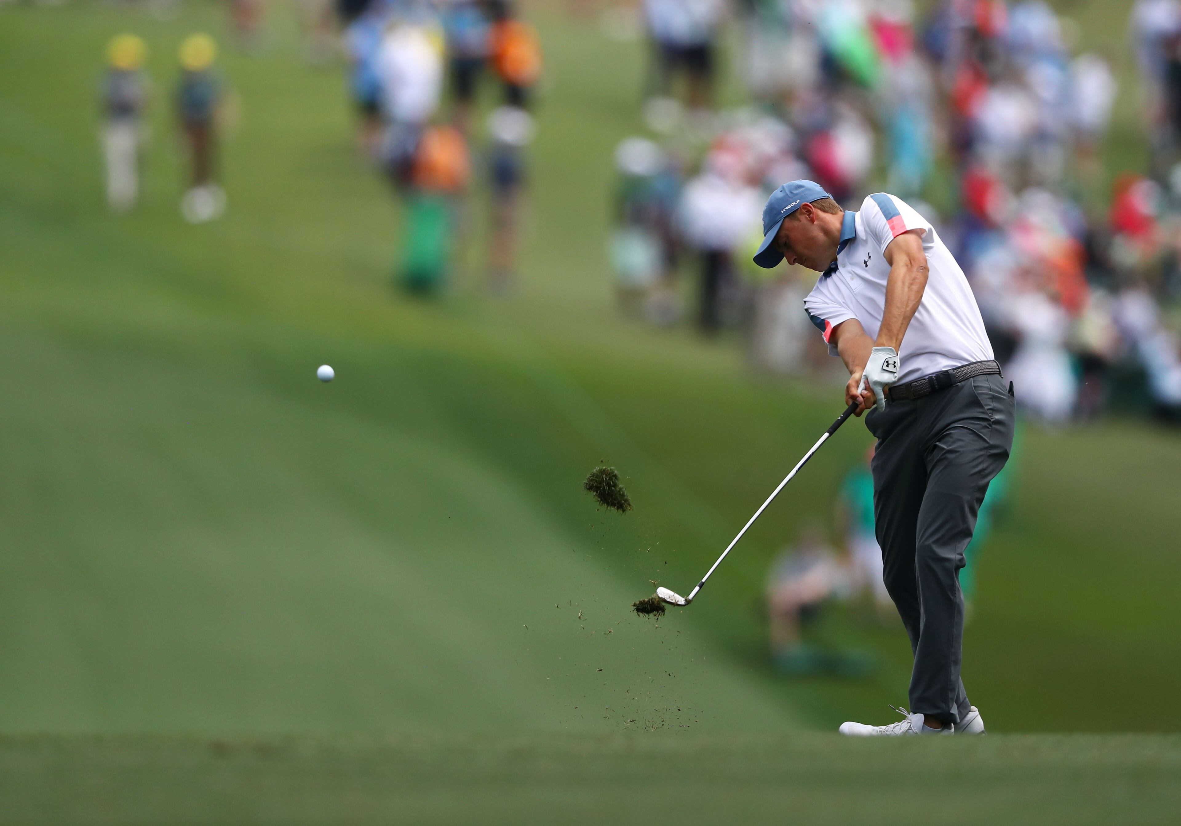 April 11, 2019 - Augusta - Jordan Spieth hits his second shot on the first hole during the first round of the Masters Tournament Thursday, April 11, 2019, at Augusta National Golf Club in Augusta. Curtis Compton / ccompton@ajc.com