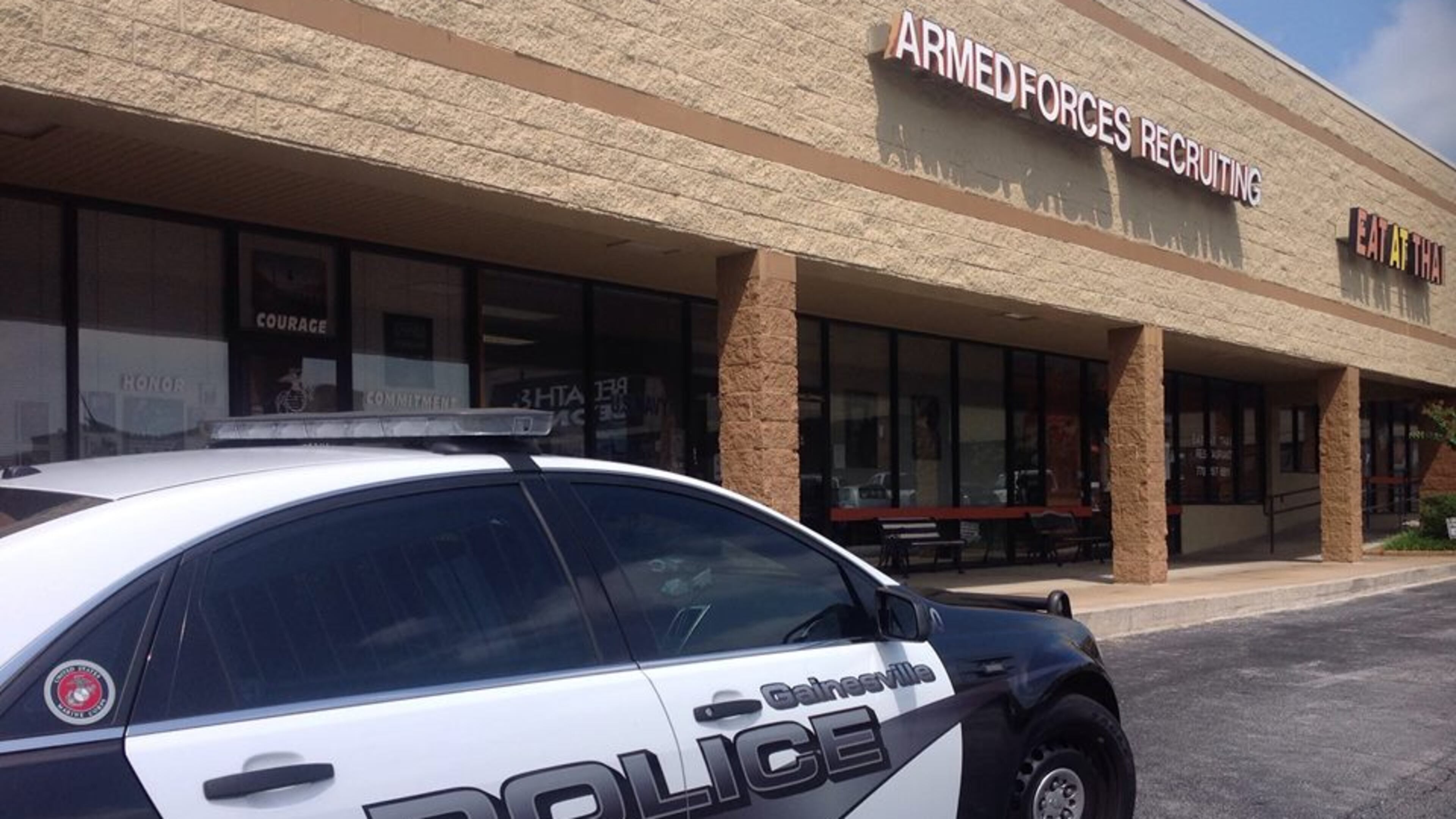 Gainesville police were on the scene of an accidental shooting at the Armed Forces Recruiting Center in Gainesville on Fri., July 17, 2015. (Credit: Facebook)