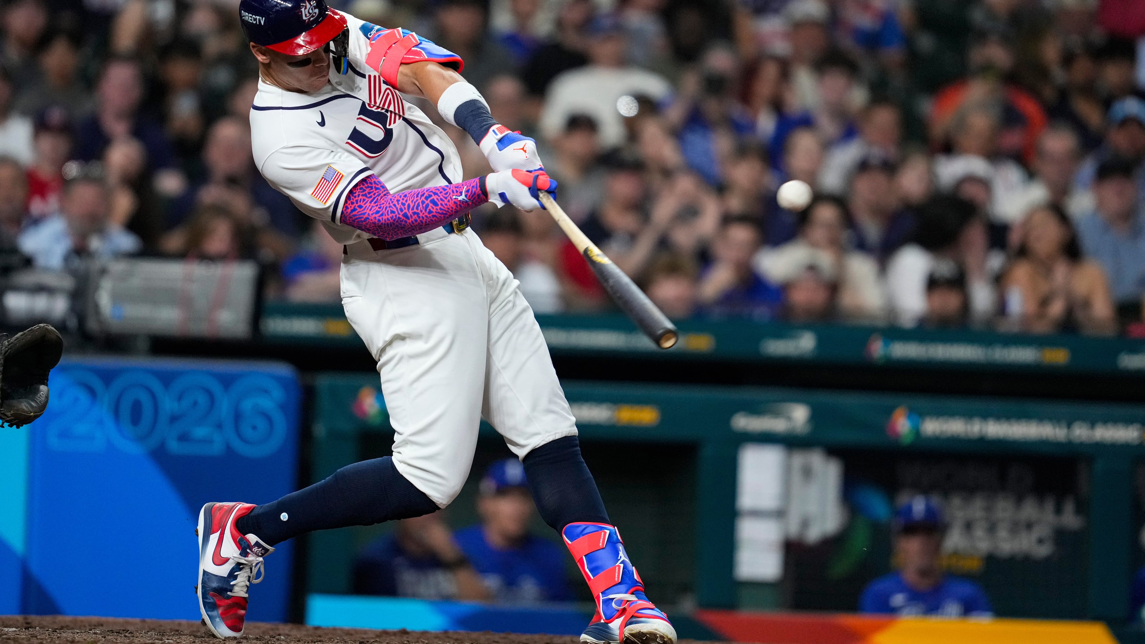 United States right fielder Aaron Judge (99) lines out to center field in the sixth inning of a World Baseball Classic game against Italy , Tuesday, March 10, 2026, in Houston. (AP Photo/Ashley Landis)
