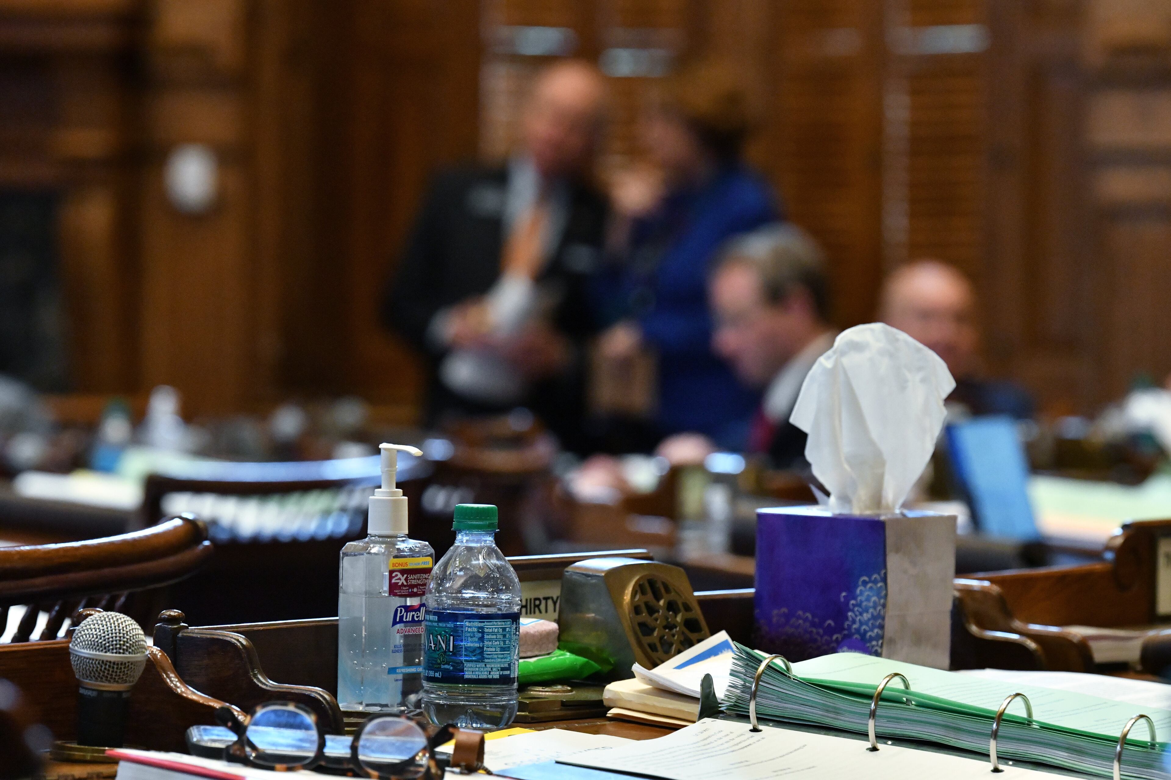 March12, 2020 Atlanta - Hand sanitizer and tissue are on the table during Crossover day at the Georgia State Capitol on Thursday, March 11, 2020. (Hyosub Shin / Hyosub.Shin@ajc.com)