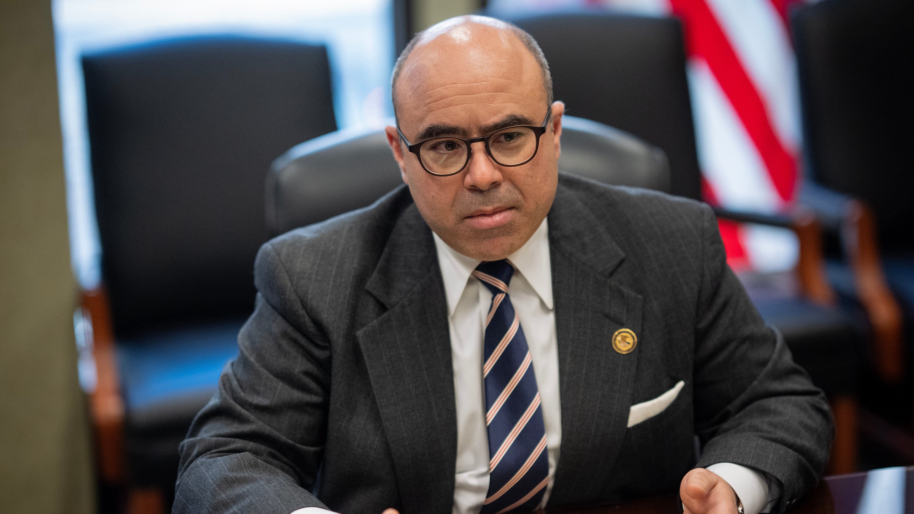 U.S. Attorney Andrew Boutros gestures at the Dirksen U.S. Courthouse, Friday, April 3, 2026, in Chicago. (E. Jason Wambsgans/Chicago Tribune via AP)