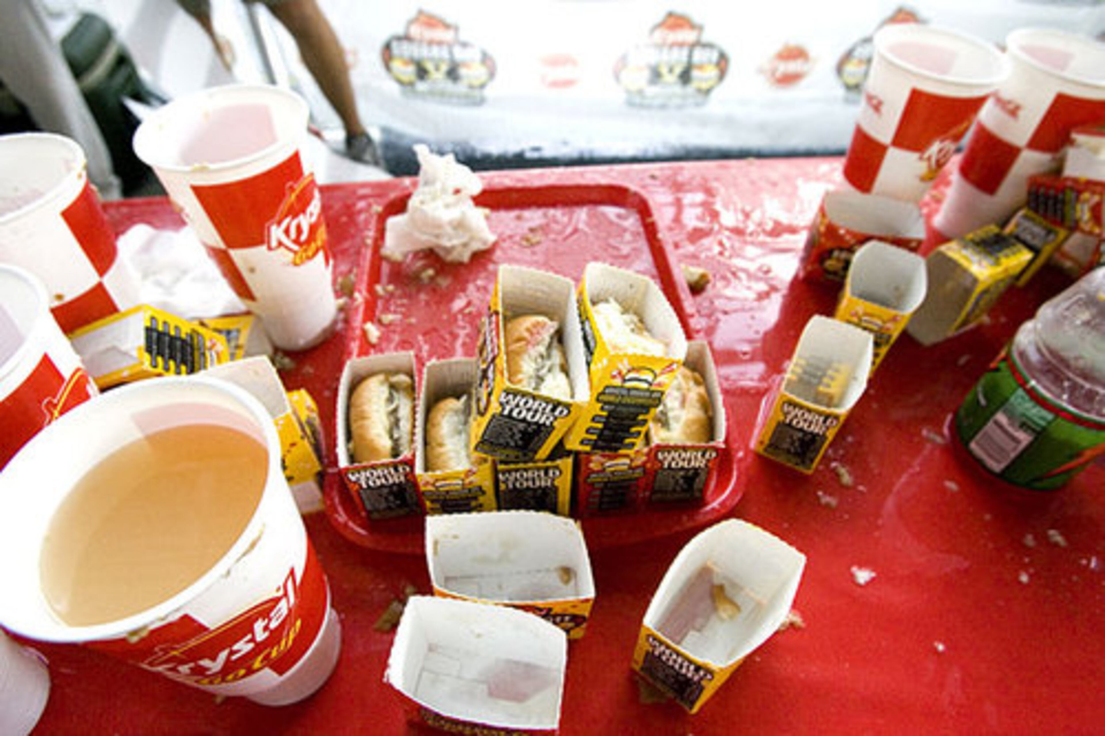 The remnants of Saturday's culinary destruction. At last year's championship in Chattanooga -- the hometown of Krystal -- eater Joey Chestnut won with 103 burgers in 8 minutes. This Sept. 28, the prize package will be worth $50,000, with even last place taking home $500, said tour manager Keith Spillane.