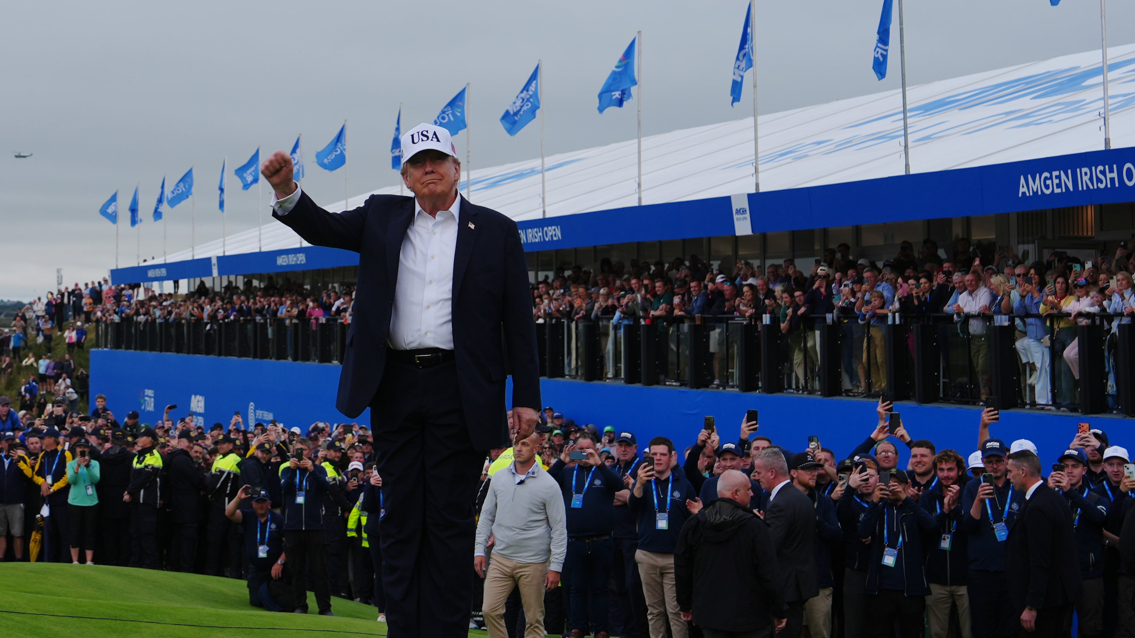 U.S. President Donald Trump attends the Irish Open golf tournament at Trump International Golf Links in Doonbeg, Ireland, Sunday, Sept. 13, 2026. (AP Photo/Julia Demaree Nikhinson)