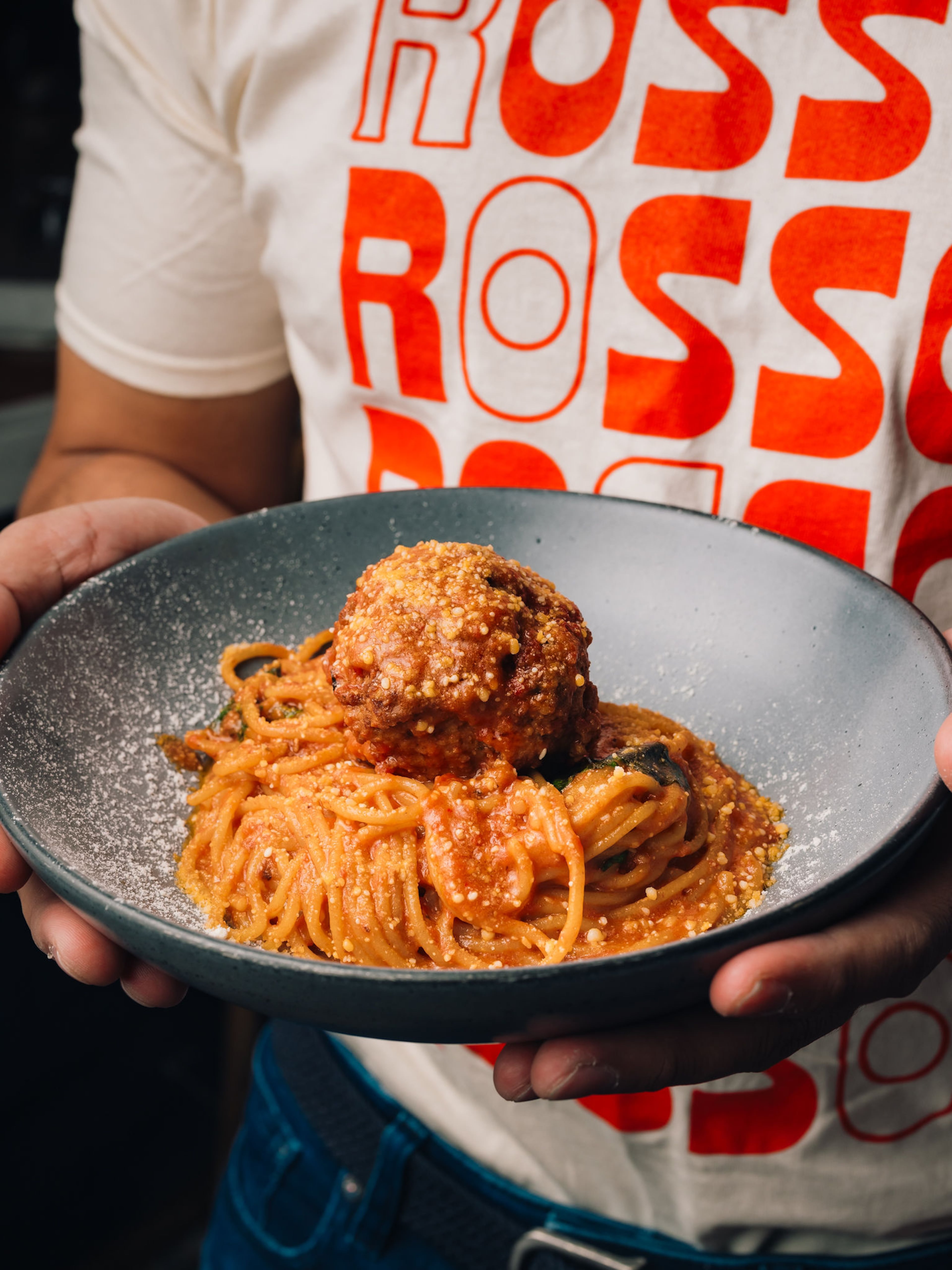 The spaghetti with meatball is not quite as comically large as the mozzarella stick at Rosso. (Courtesy of Rosso)