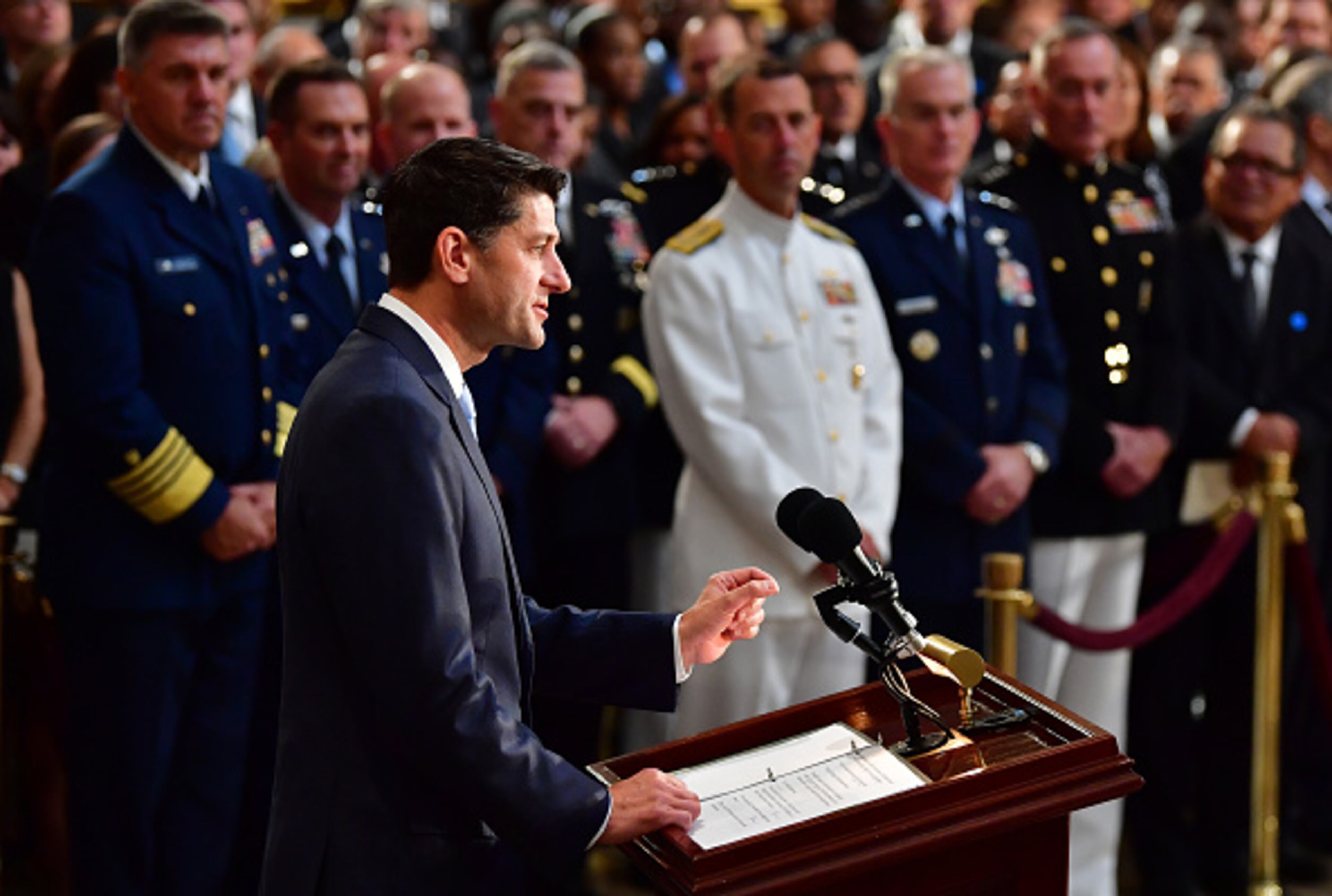 WASHINGTON, DC â AUGUST 31: Speaker of the United States House of Representatives Paul Ryan speaks as former Senator John McCain lies in state in the Capitol Rotunda at the U.S. Capitol, in Washington, DC on Friday, August 31, 2018. McCain, an Arizona Republican, presidential candidate and war hero died August 25th at the age of 81. He is the 31st person to lie in state at the Capitol in 166 years. (Photo by Kevin Dietsch - Pool/Getty Images)