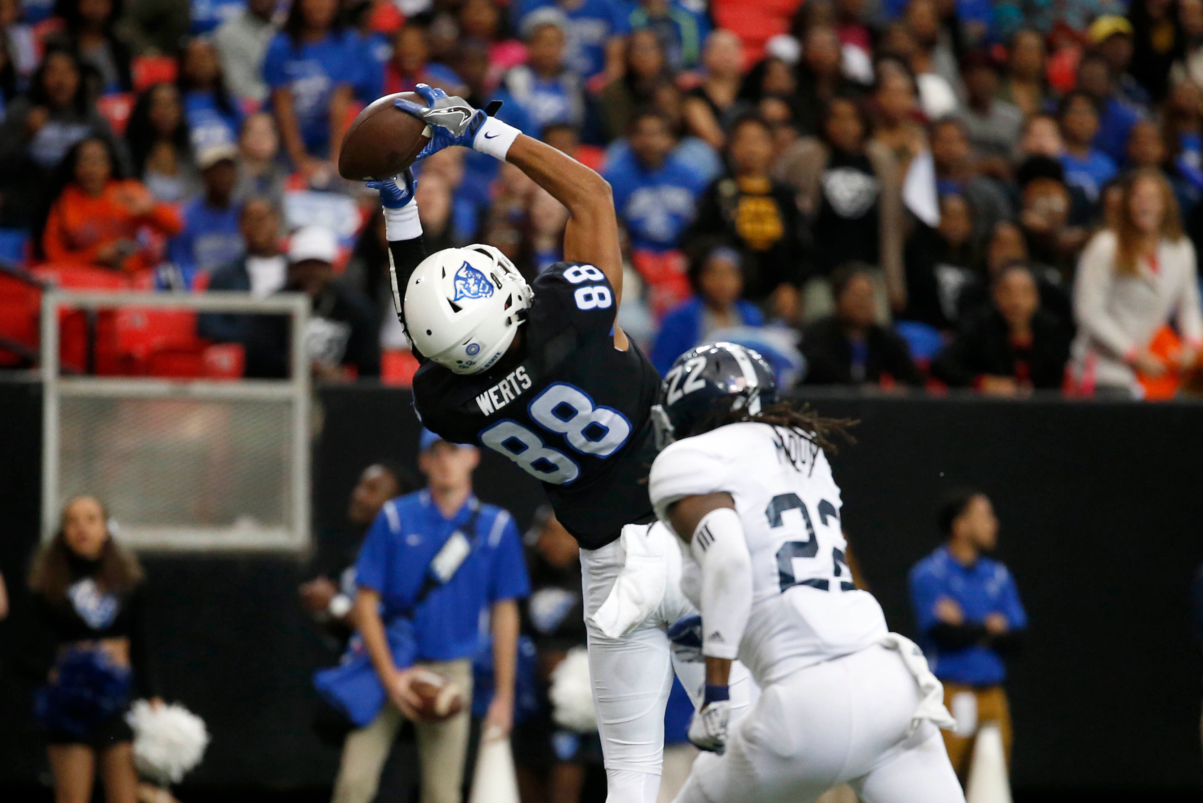 November 19, 2016 - Atlanta, Ga: Georgia State Panthers tight end Ari Werts (88) makes a catch against Georgia Southern Eagles safety Joshua Moon (22) in the first half of their game at the Georgia Dome Saturday November 19, 2016, in Atlanta, Ga. PHOTO / JASON GETZ