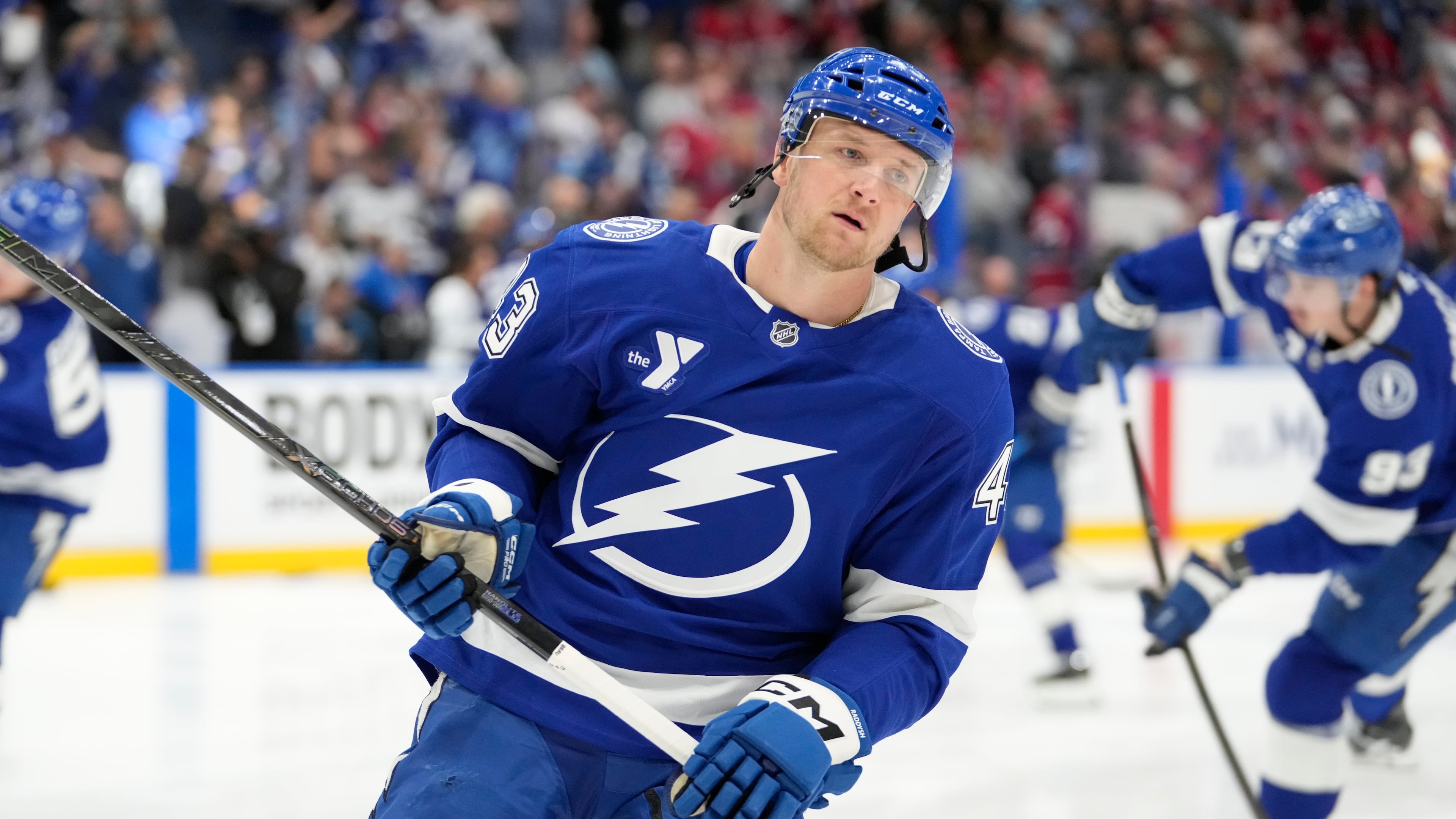 FILE - Tampa Bay Lightning defenseman Darren Raddysh (43) before Game 1 of an NHL hockey Stanley Cup first-round playoff series against the Montréal Canadiens, April 19, 2026, in Tampa, Fla. (AP Photo/Chris O'Meara, File)