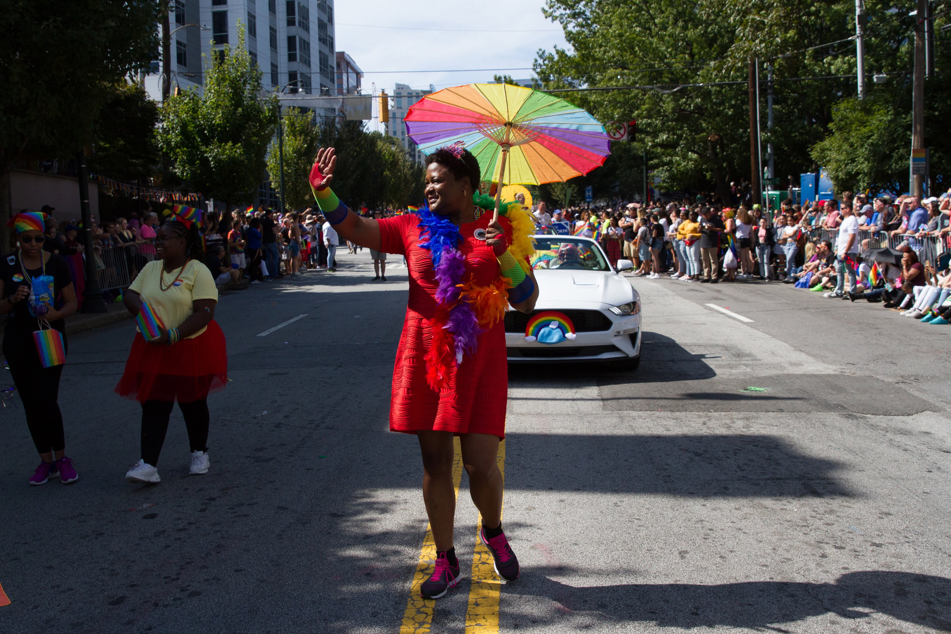 President of the Atlanta City Council Felicia A. Moore waves to the crowd as she walks down 10th Street N.E. during the Atlanta Pride Parade Sunday in Atlanta October 14, 2018. STEVE SCHAEFER / SPECIAL TO THE AJC