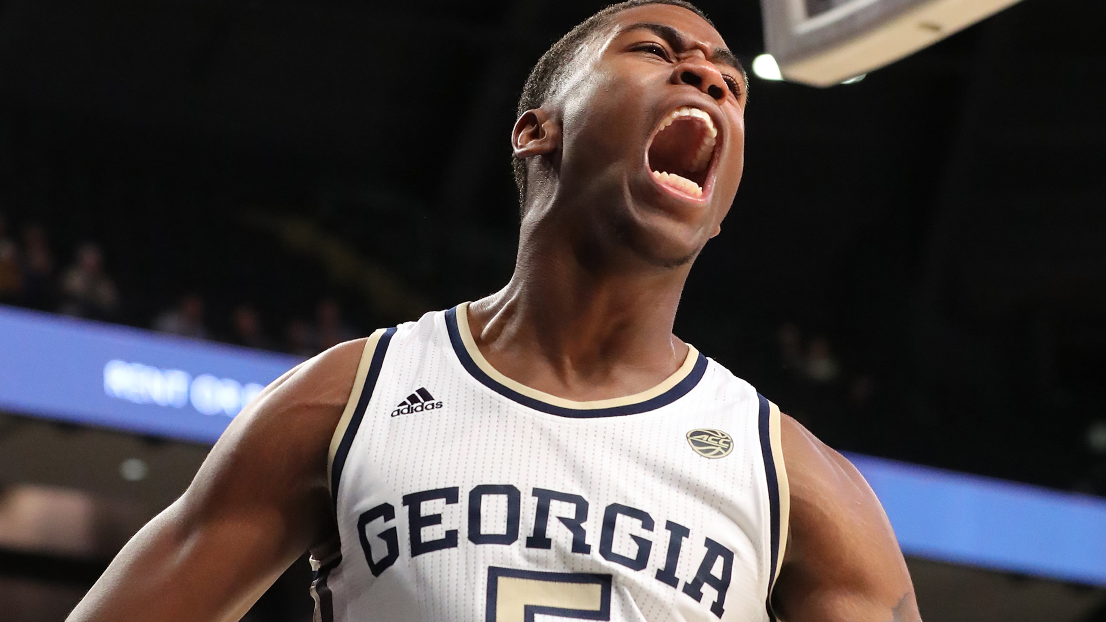 Georgia Tech forward Moses Wright takes great joy in an early-season dunk against Bethune-Cookman. (Curtis Compton/ccompton@ajc.com)