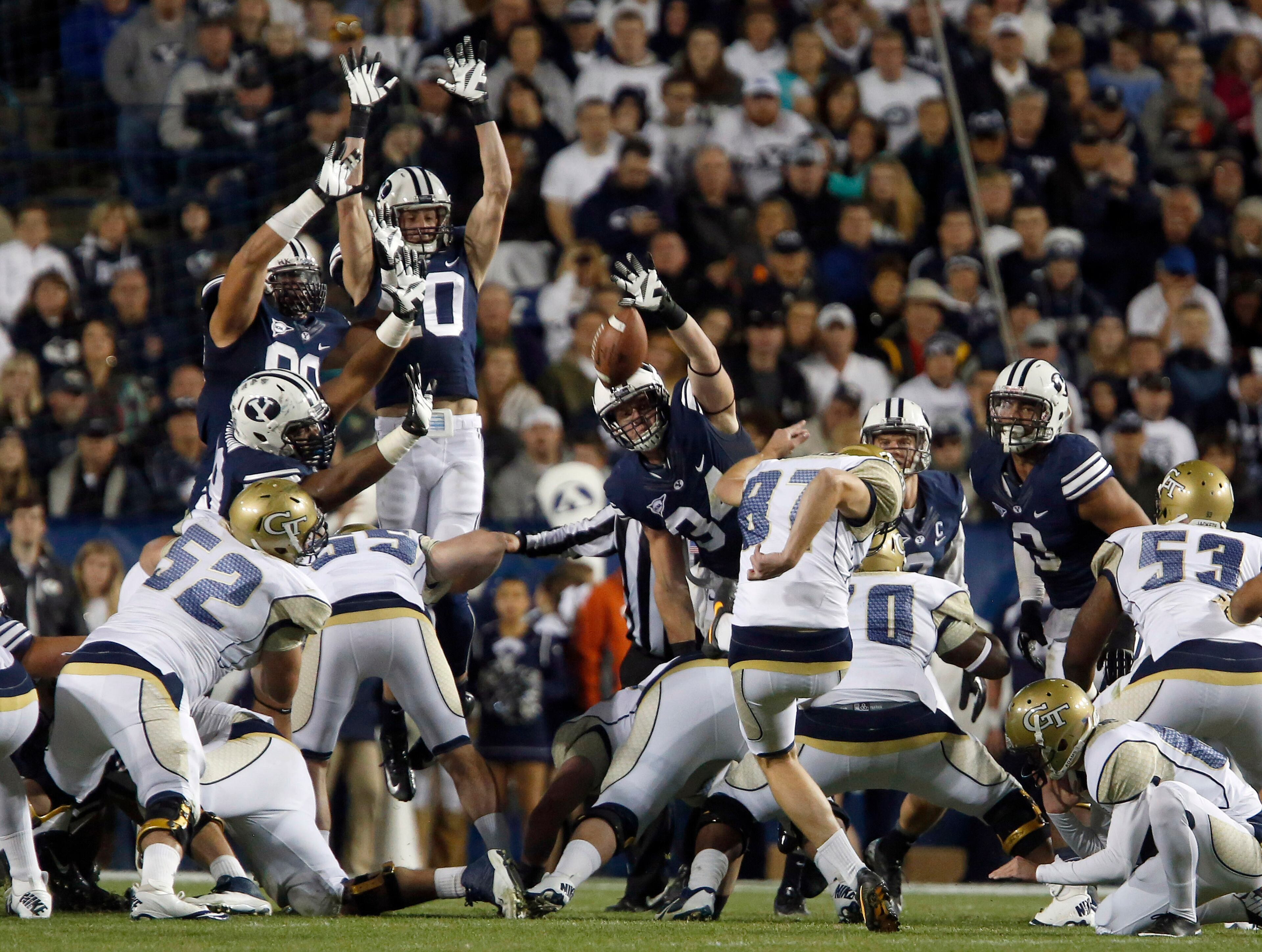 Oct 12, 2013; Provo, UT, USA; Brigham Young Cougars defensive line attempts to block a field goal attempt by Georgia Tech Yellow Jackets kicker Harrison Butker (87) during the second half of a football game at Lavell Edwards Stadium. Brigham Young Cougars won 38-20. Jim Urquhart-USA TODAY Sports