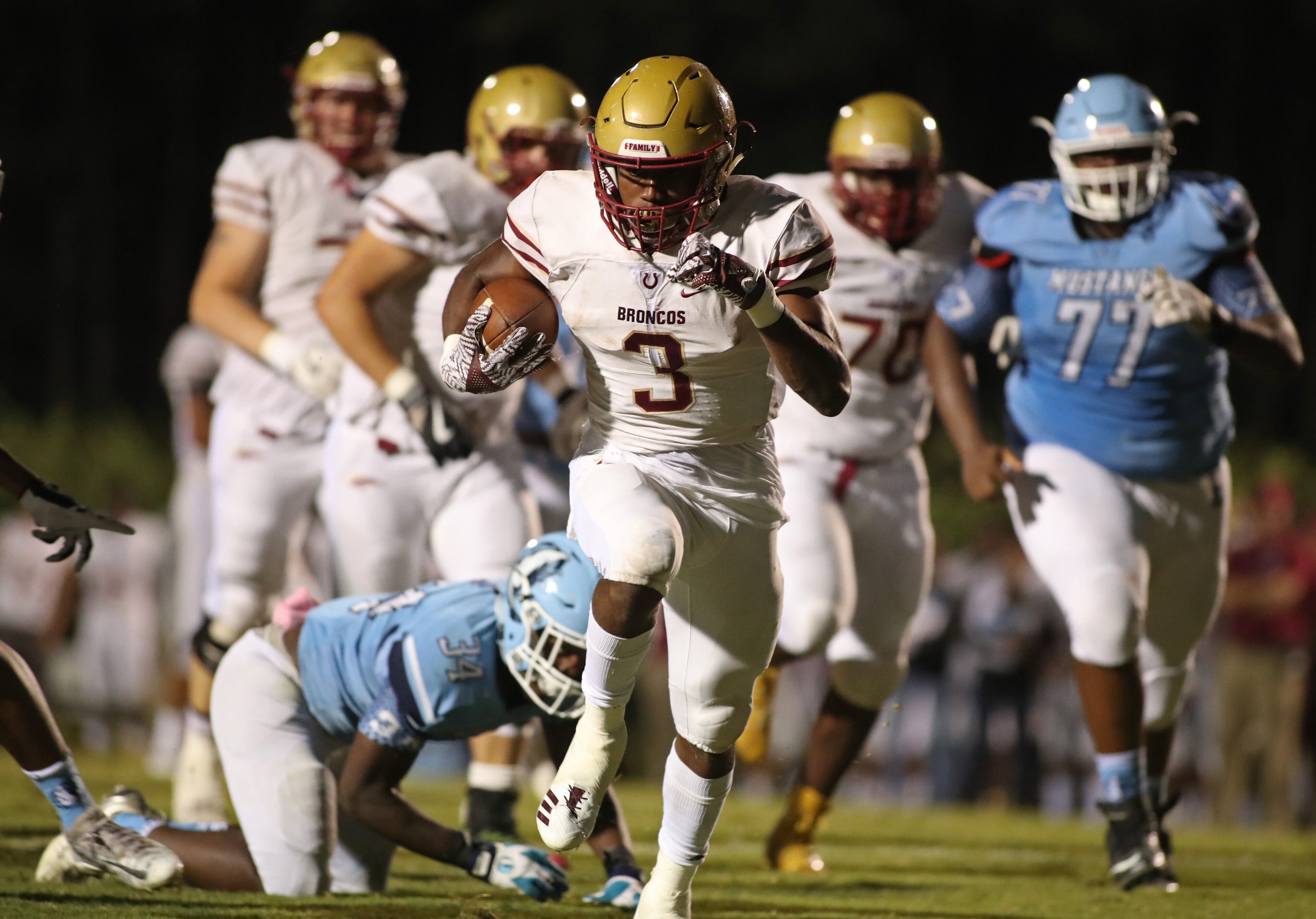 October 6, 2017 - Norcross, Ga: Brookwood running back Dante Black (3) scores a rushing touchdown in the first half against Meadowcreek at Meadowcreek High School Friday, October 6, 2017, in Norcross, Ga. PHOTO / JASON GETZ