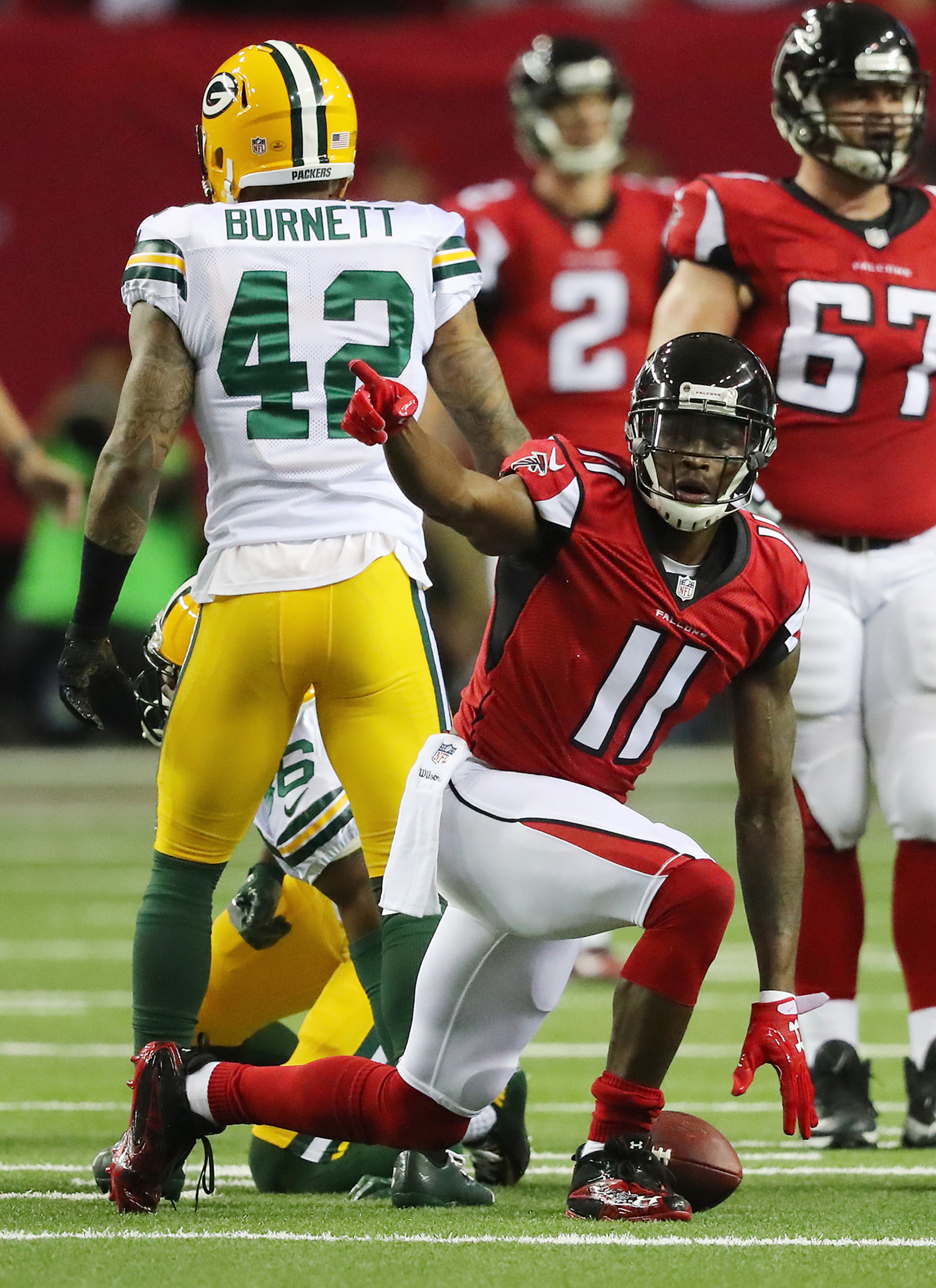 January 22, 2017, Atlanta: Julio Jones reacts to making a first down reception against the Packers during the first quarter in the NFL football NFC Championship game on Sunday, Jan. 22, 2017, in Atlanta. Curtis Compton/ccompton@ajc.com