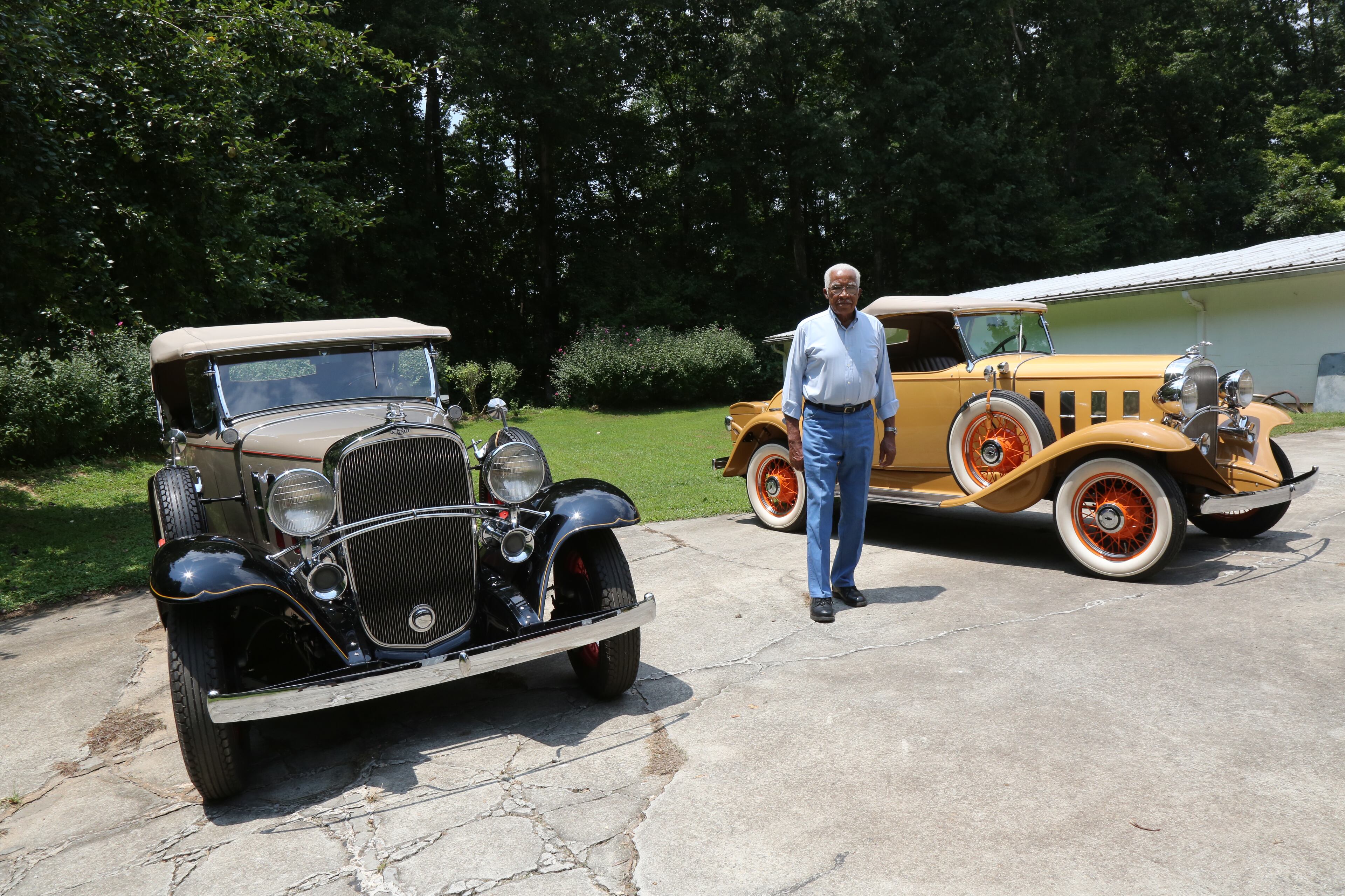 07/30/19 ATLANTA - Classic car collector Jim Collier with his 1932 Chevrolet convertible Roadster and Phaeton. Colliers collection includes Chevrolets from the 1920s to the early 70s. (TYSON HORNE / TYSON.HORNE@AJC.COM)