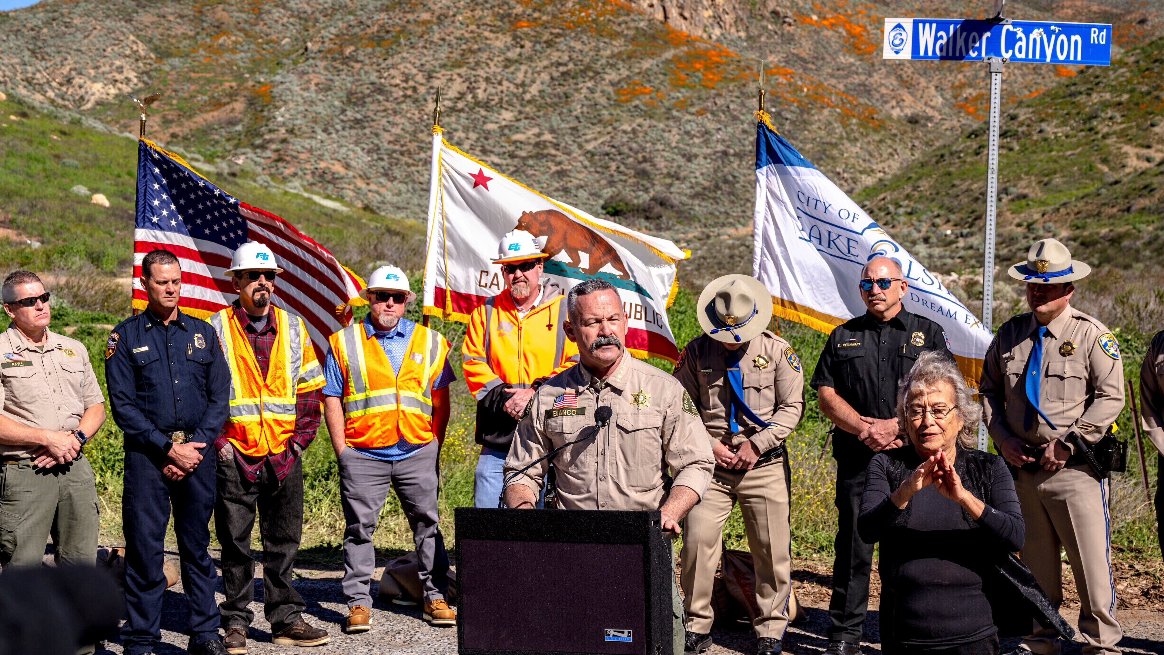 FILE - Riverside County Sheriff Chad Bianco speaks at a news conference in Lake Elsinore, Calif., Feb. 7, 2023, as officials announced that the closure of poppy fields at Walker Canyon until the wildflower bloom subsides. (Watchara Phomicinda/The Orange County Register via AP, File)