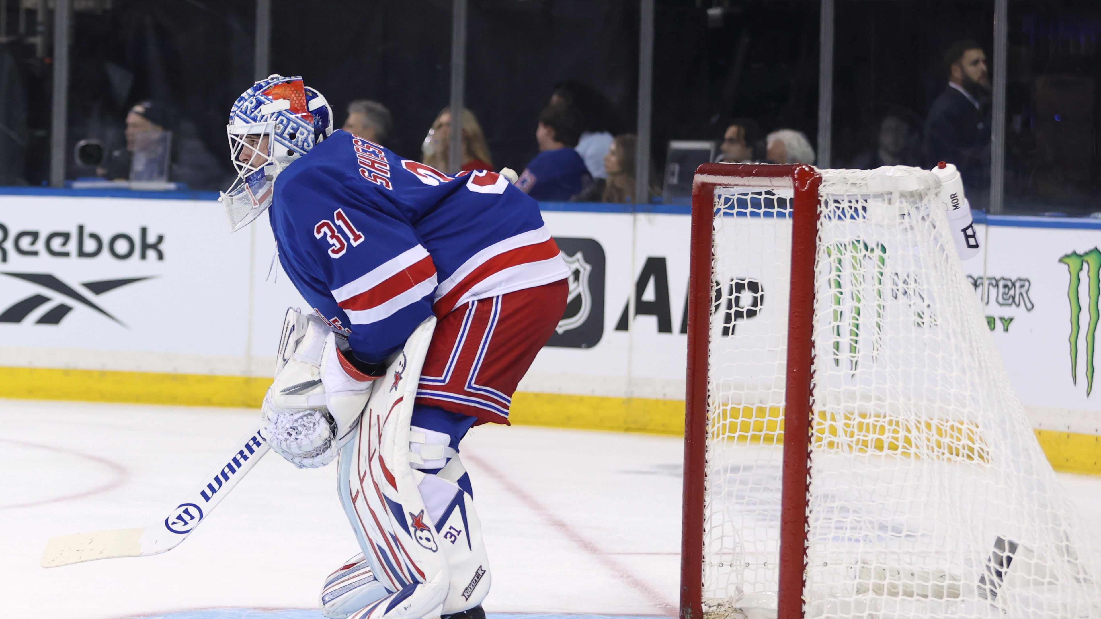 New York Rangers goaltender Igor Shesterkin stands in the goal during the first period of an NHL hockey game against the Tampa Bay Lightning, Thursday, Oct. 1, 2026, in New York. (AP Photo/Pamela Smith)