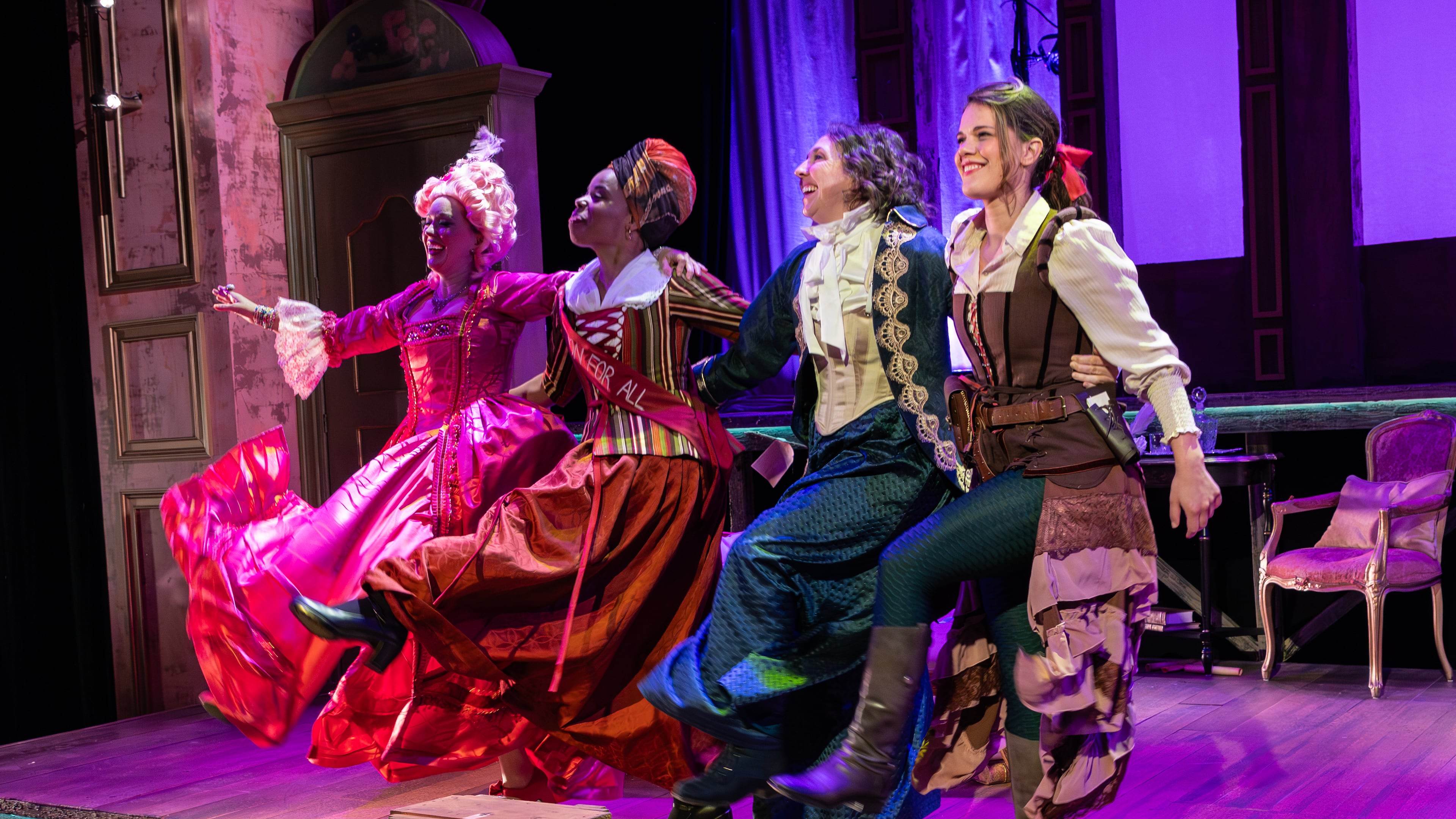 Bethany Anne Lind (from left), Tiffany Denise Hobbs, Courtney Patterson and Erika Miranda in "The Revolutionists" by Decatur native Lauren Gunderson at Theatrical Outfit. (Courtesy of Theatrical Outfit/Casey Gardner Ford)