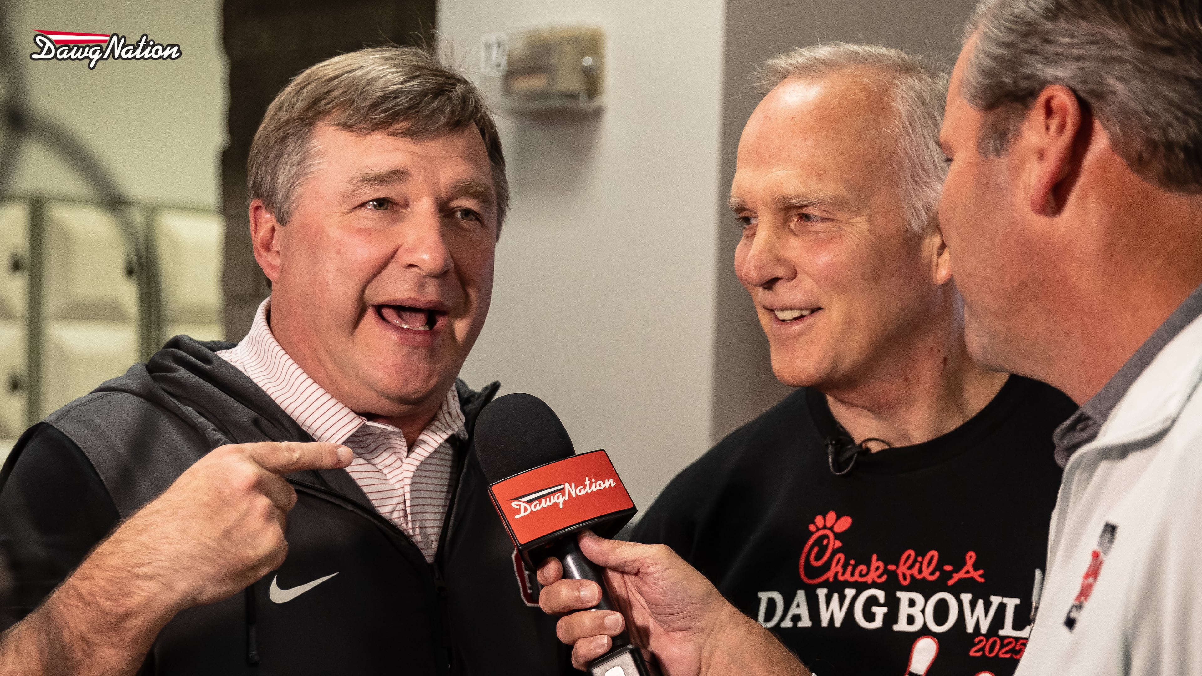 Georgia head coach Kirby Smart speaks to Mark Richt and DawgNation's Brandon Adams at the third annual Mark Richt Chick-fil-A Dawg Bowl at Showtime Bowl in Athens, Georgia, on Wednesday, Oct. 22, 2025. (Jeff Sentell/DawgNation)