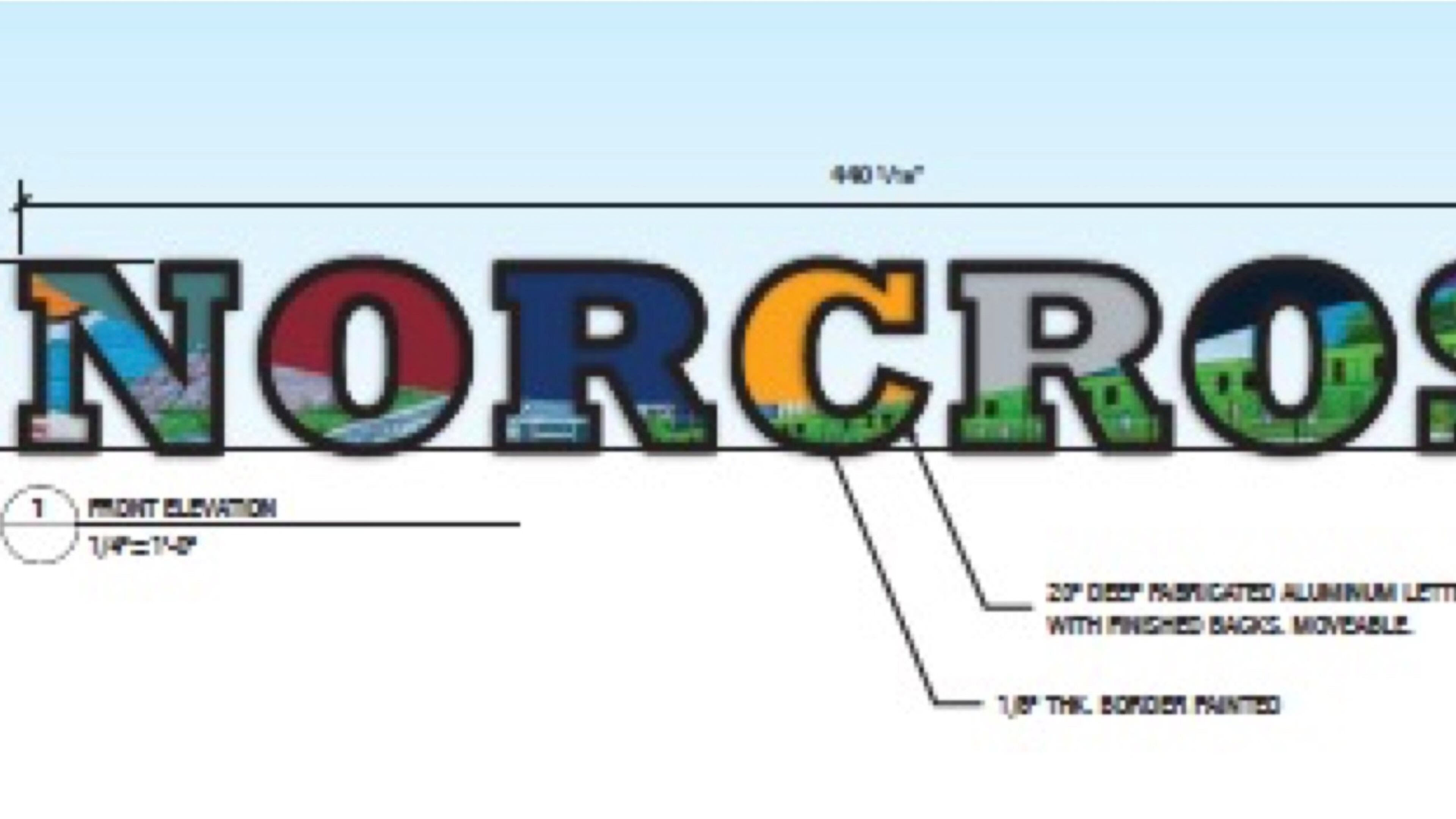 Just one of several conceptual designs for a sign in Norcross to be placed between the city’s new library and The Brunswick apartment complex adjacent to Lillian Webb Park. (Courtesy City of Norcross)