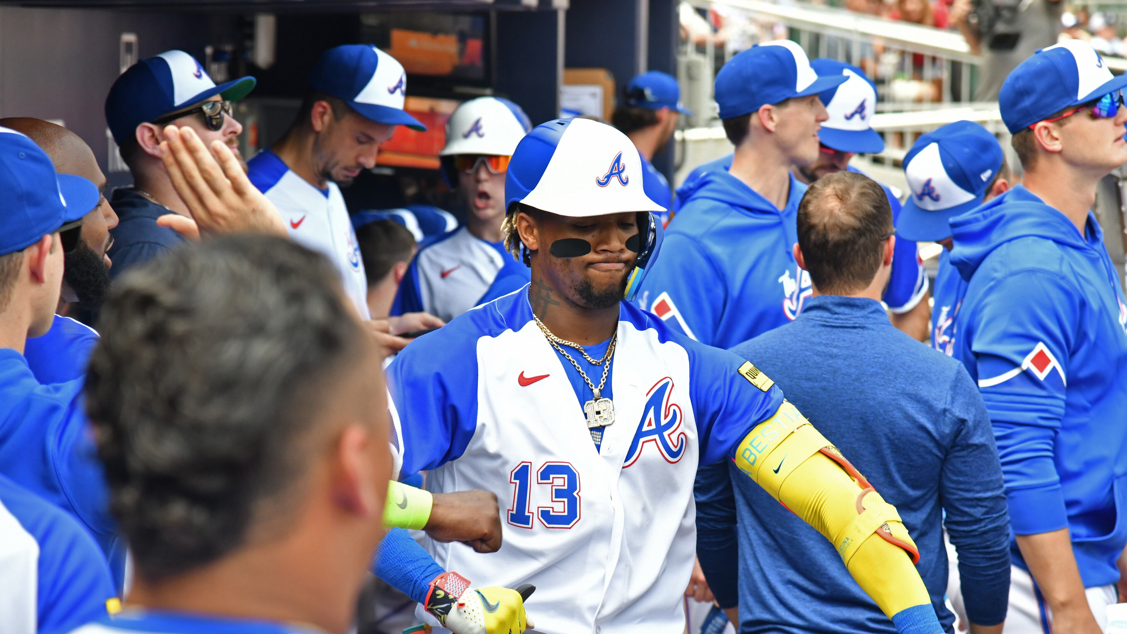 Atlanta Braves' right fielder Ronald Acuna Jr. (13) celebrates with teammates after hitting a solo home run during the first inning at Truist Park, Saturday, July 1, 2023, in Atlanta. (Hyosub Shin / Hyosub.Shin@ajc.com)