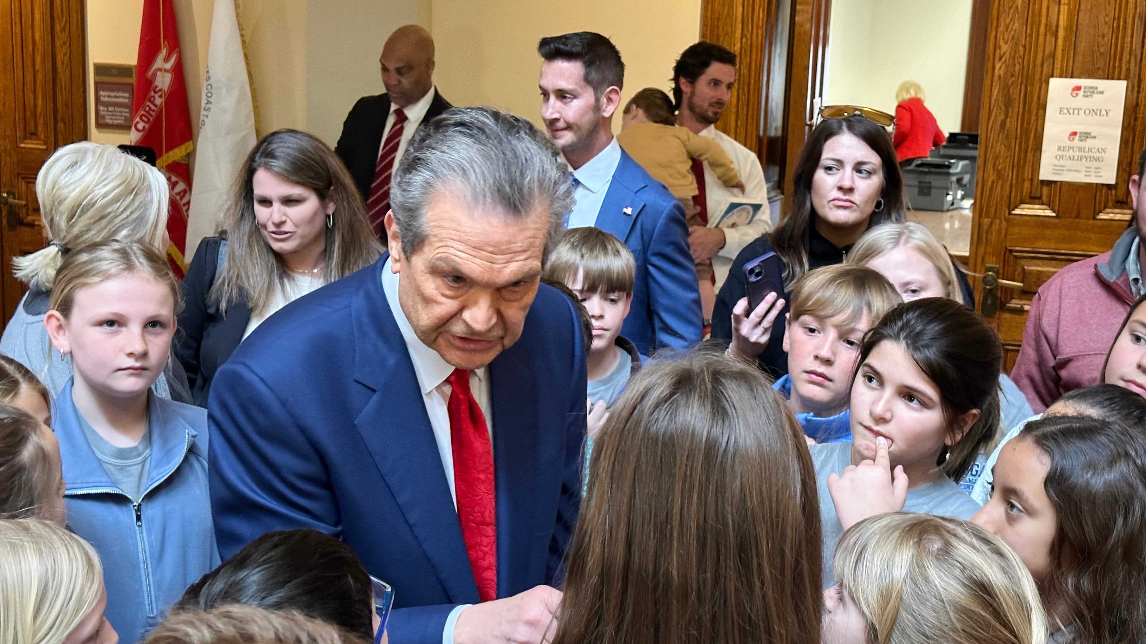 Republican Rick Jackson speaks to schoolchildren after qualifying to run for governor on Friday, March 6, 2026, at the Georgia Capitol in Atlanta (AP Photo/Jeff Amy)