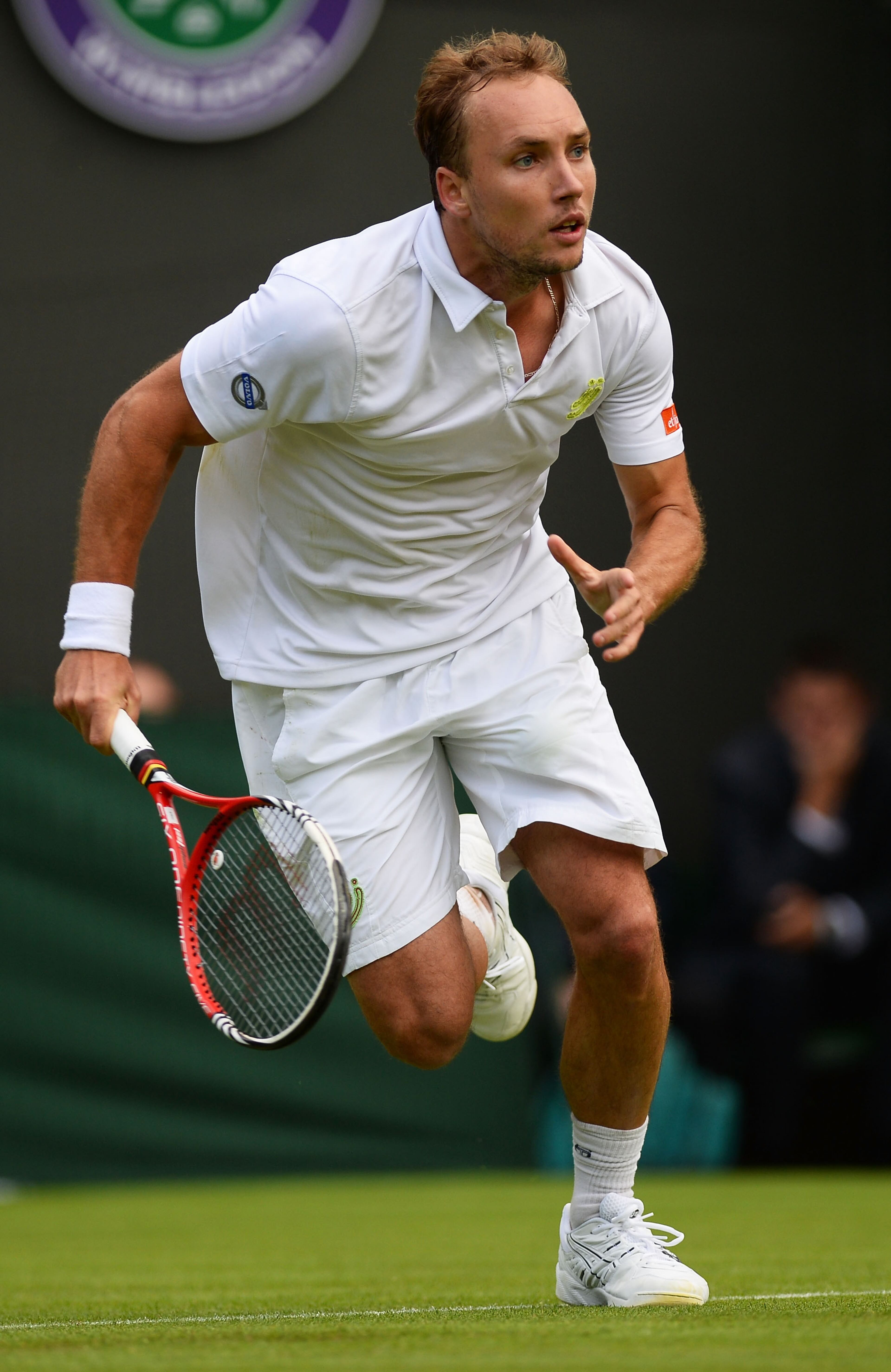 Steve Darcis of Belgium in action during his Gentlemen's Singles first round match against Rafael Nadal of Spain on day one of the Wimbledon Lawn Tennis Championships at the All England Lawn Tennis and Croquet Club on June 24, 2013 in London, England.
