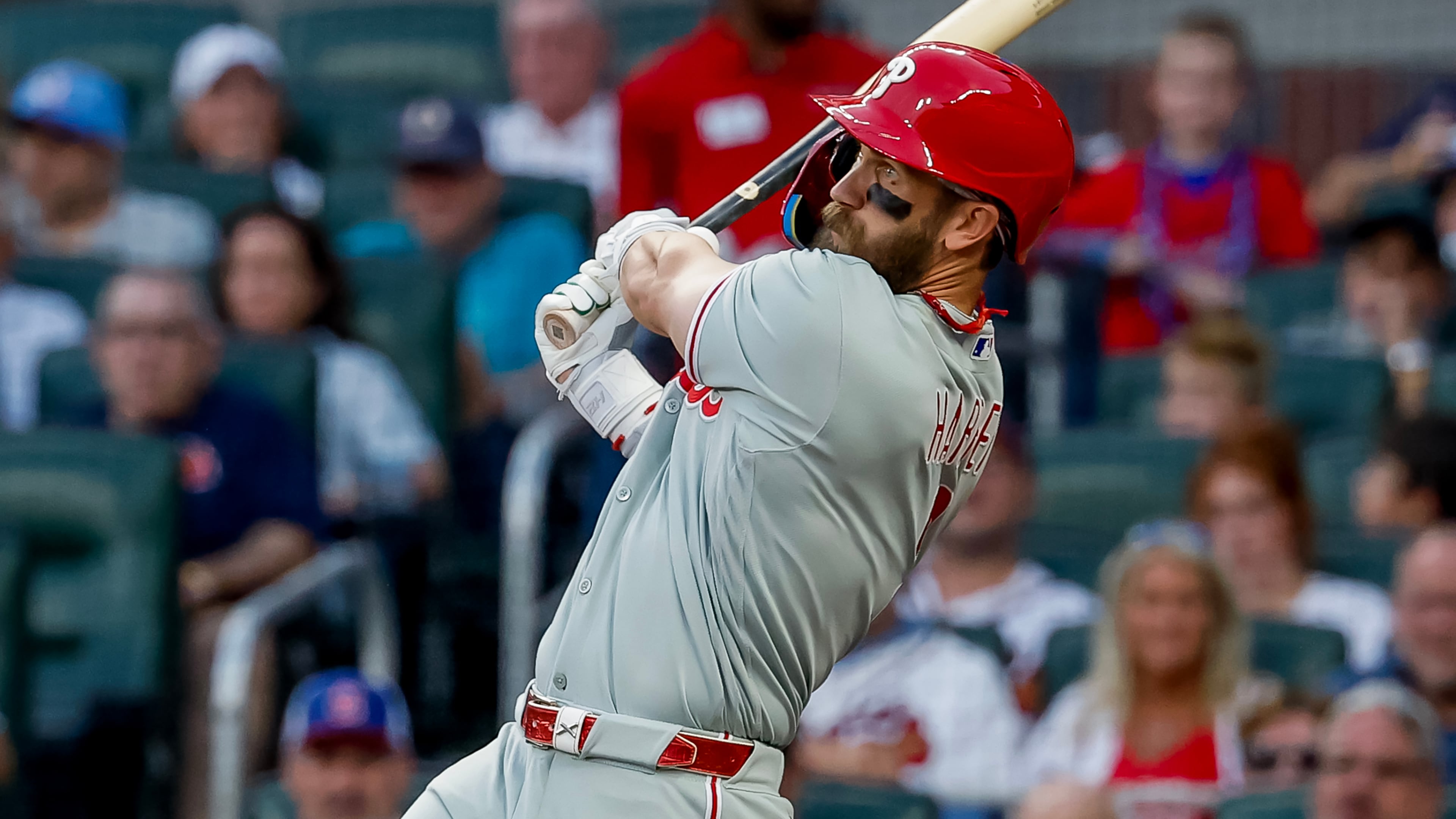 The Phillies' Bryce Harper hits a solo home run against the Braves on Saturday, Sept. 12, 2026 in Atlanta. (Erik S. Lesser/AP)