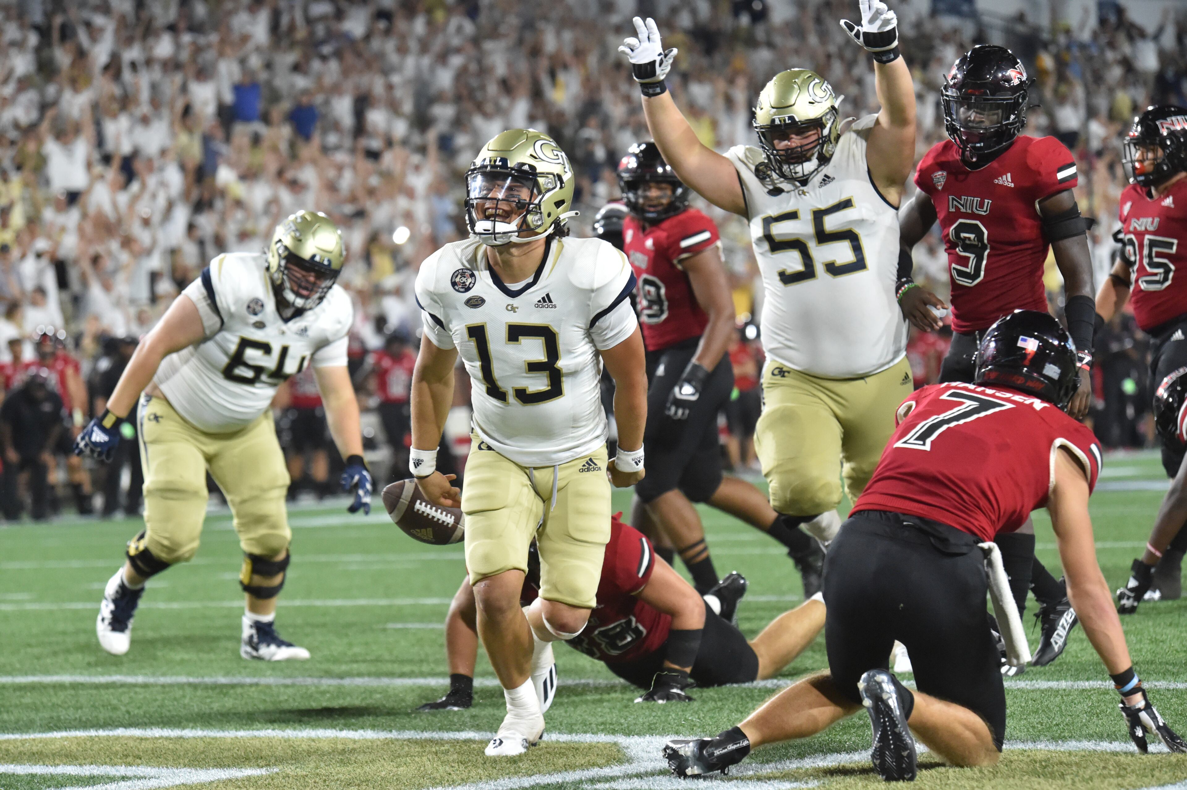 September 4, 2021 Atlanta - Georgia Tech's quarterback Jordan Yates (13) celebrates after he scored a touchdown during the second half of an NCAA college football game at Georgia Tech's Bobby Dodd Stadium in Atlanta on Saturday, September 4, 2021. Northern Illinois won 22-21 over Georgia Tech(Hyosub Shin / Hyosub.Shin@ajc.com)