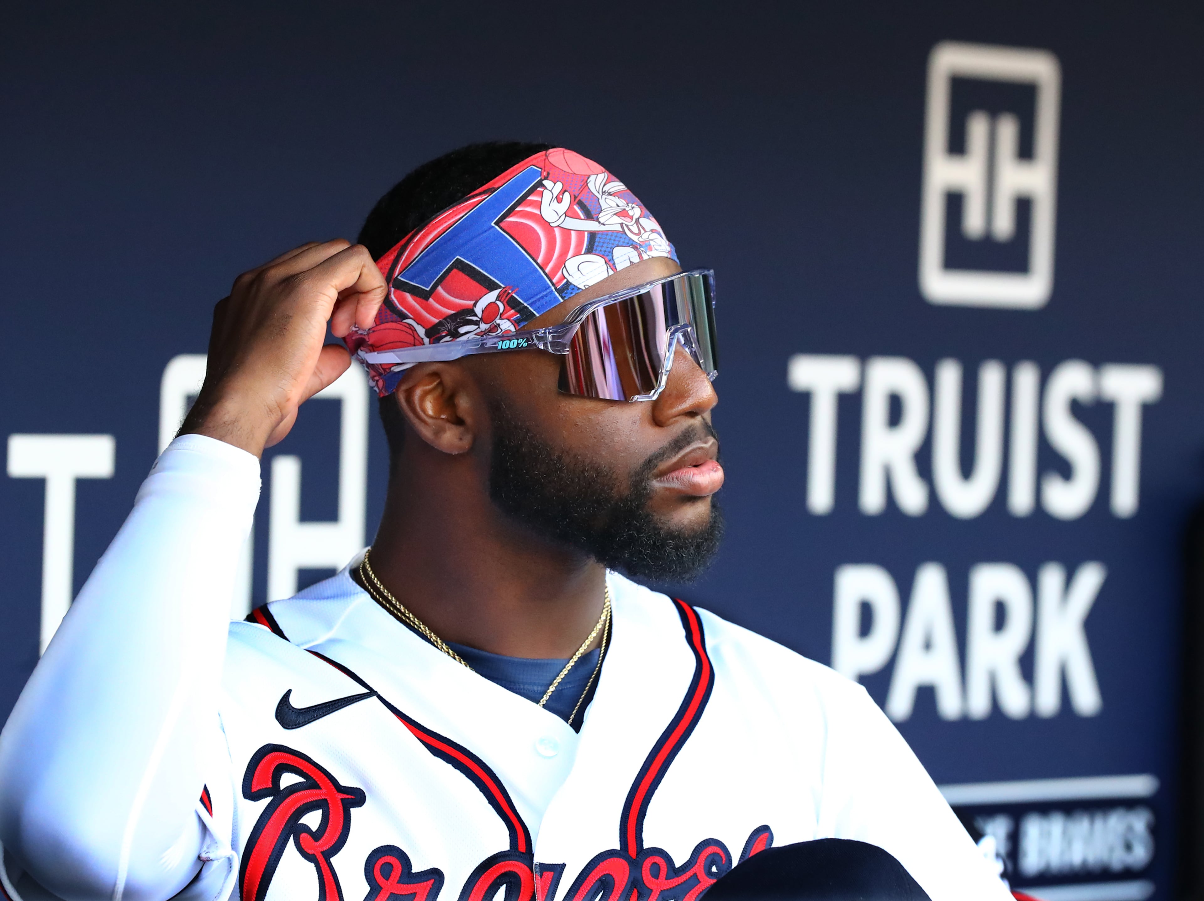 060922 Atlanta: Atlanta Braves outfielder Michael Harris adjusts his headbanc against the Pittsburgh Pirates during the third inning in a MLB baseball game on Thursday, June 9, 2022, in Atlanta. “Curtis Compton / Curtis.Compton@ajc.com”