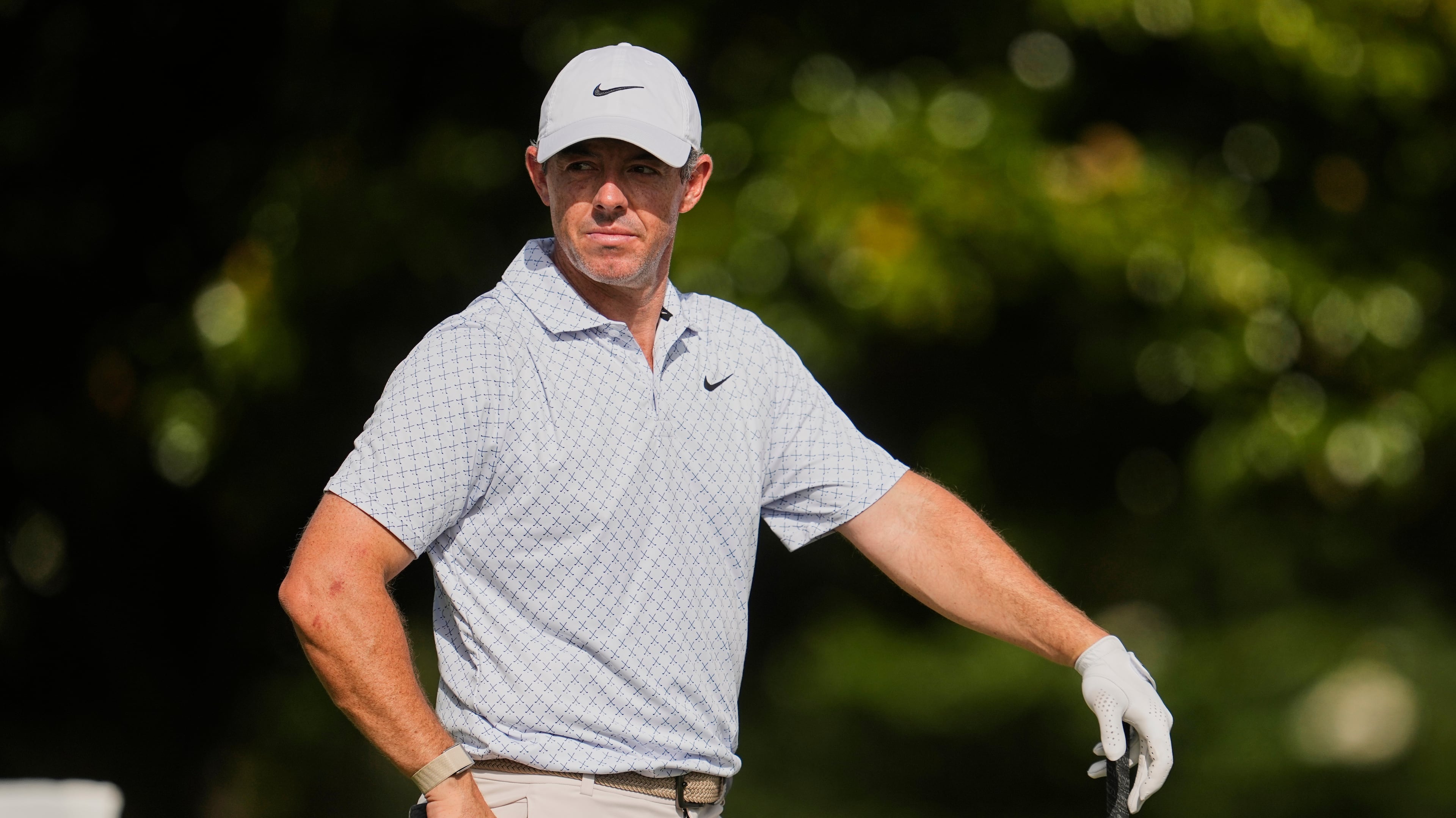 Rory McIlroy, of Northern Ireland, waits to hit on the 10th tee during the third round of the St. Jude Championship golf tournament Saturday, Aug. 15, 2026, in Memphis, Tenn. (AP Photo/George Walker IV)